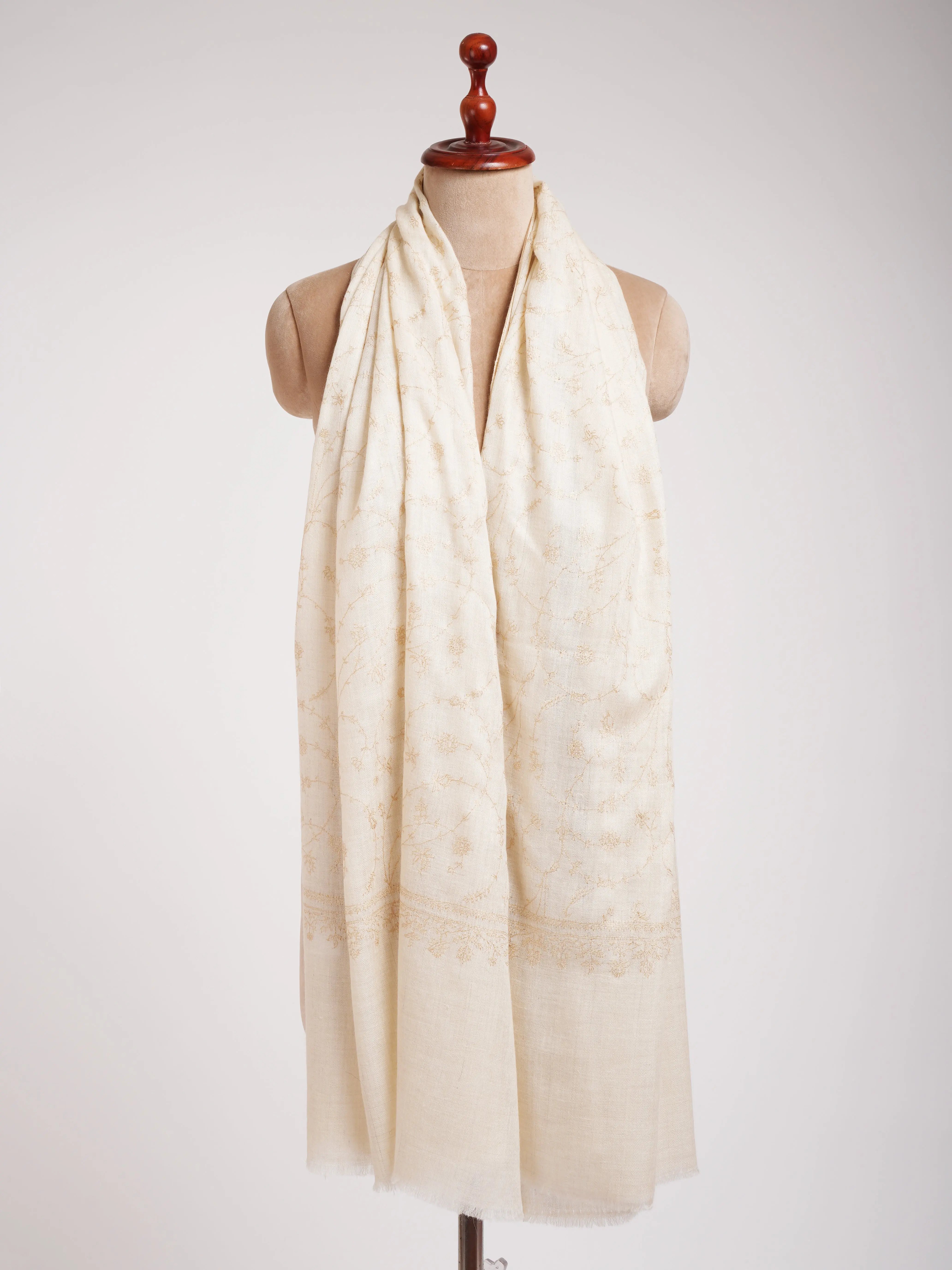 White Pashmina Shawl with Beige Embroidery Shahkaar