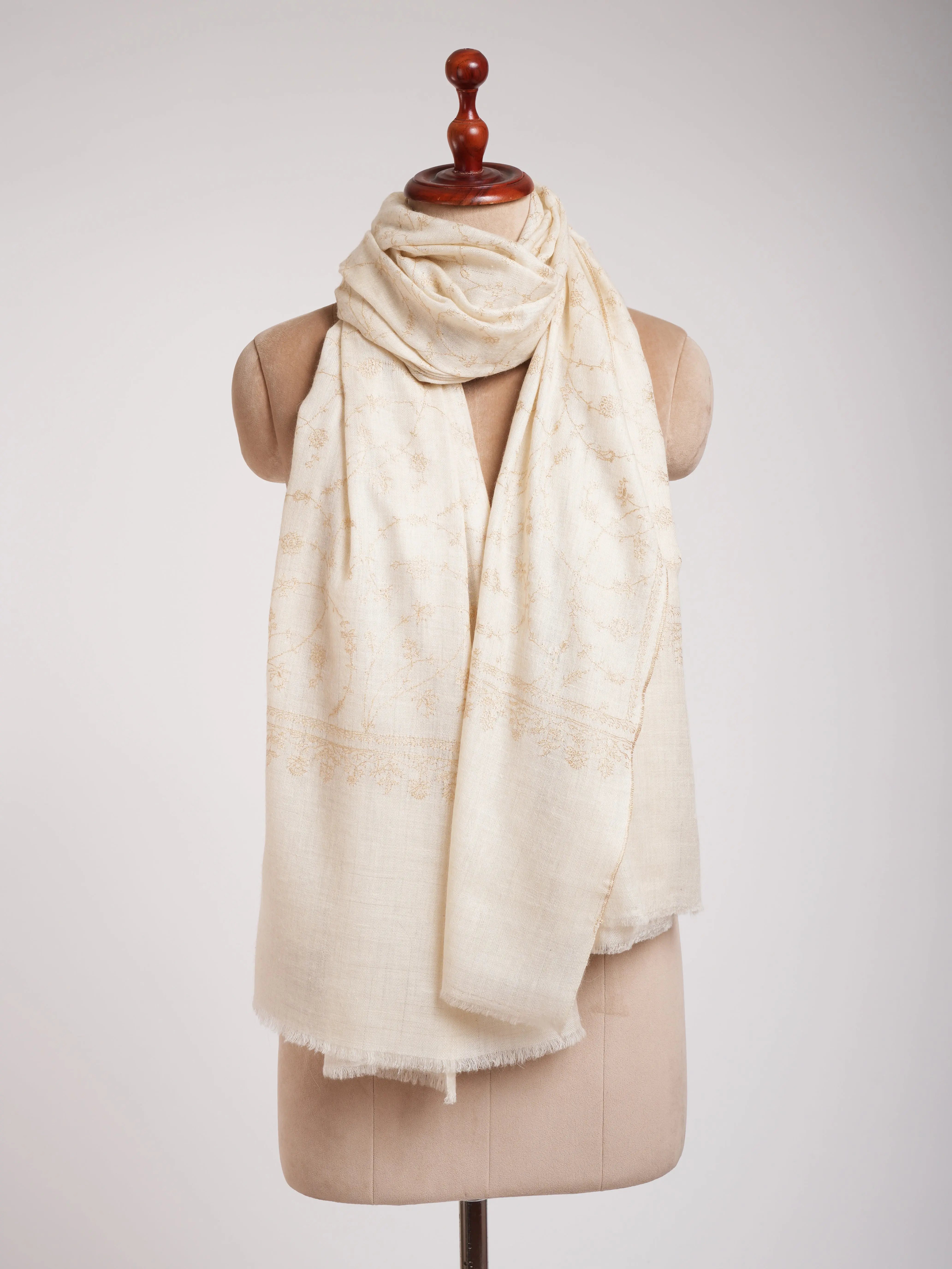 White Pashmina Shawl with Beige Embroidery Shahkaar