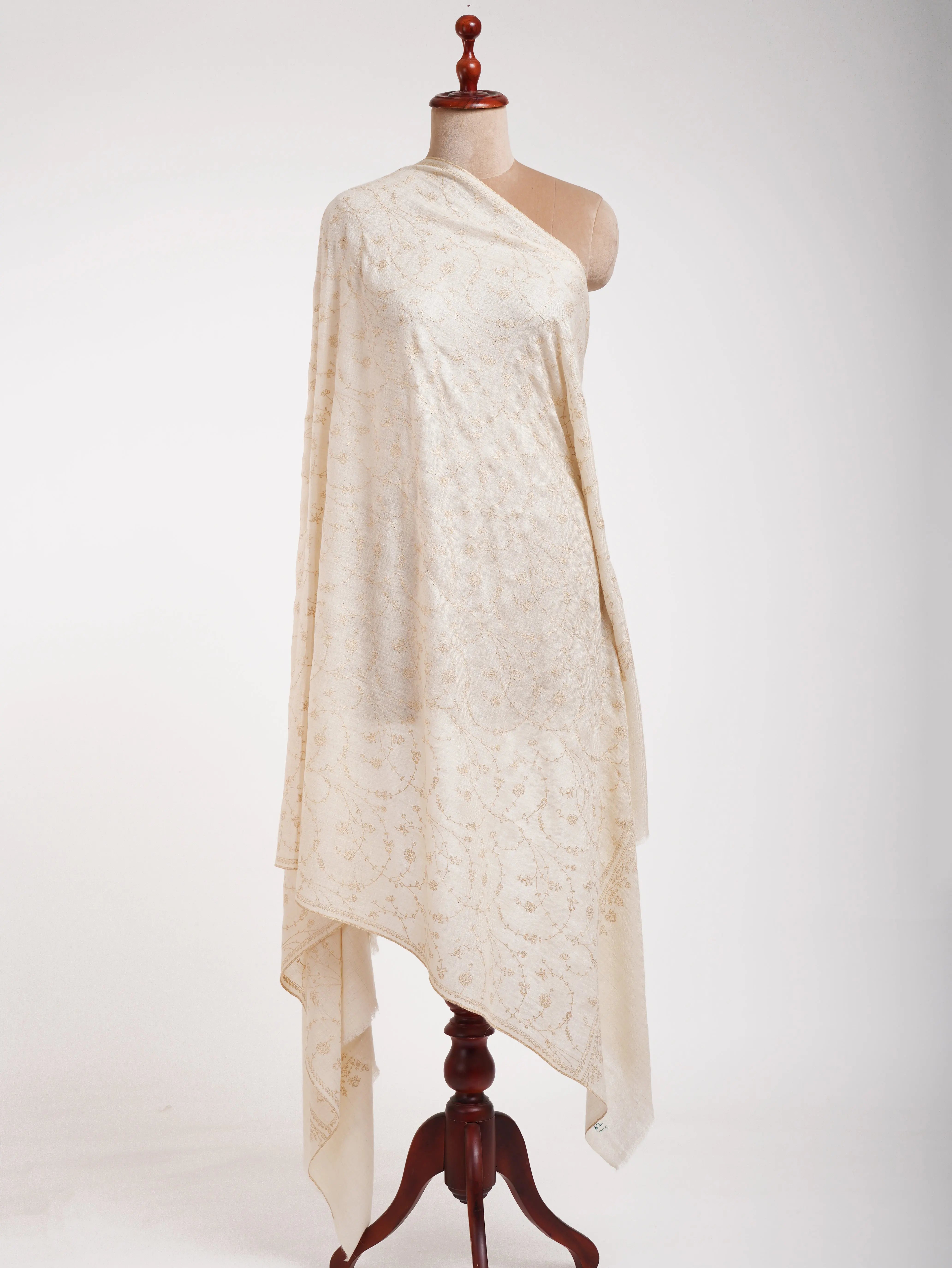 White Pashmina Shawl with Beige Embroidery Shahkaar