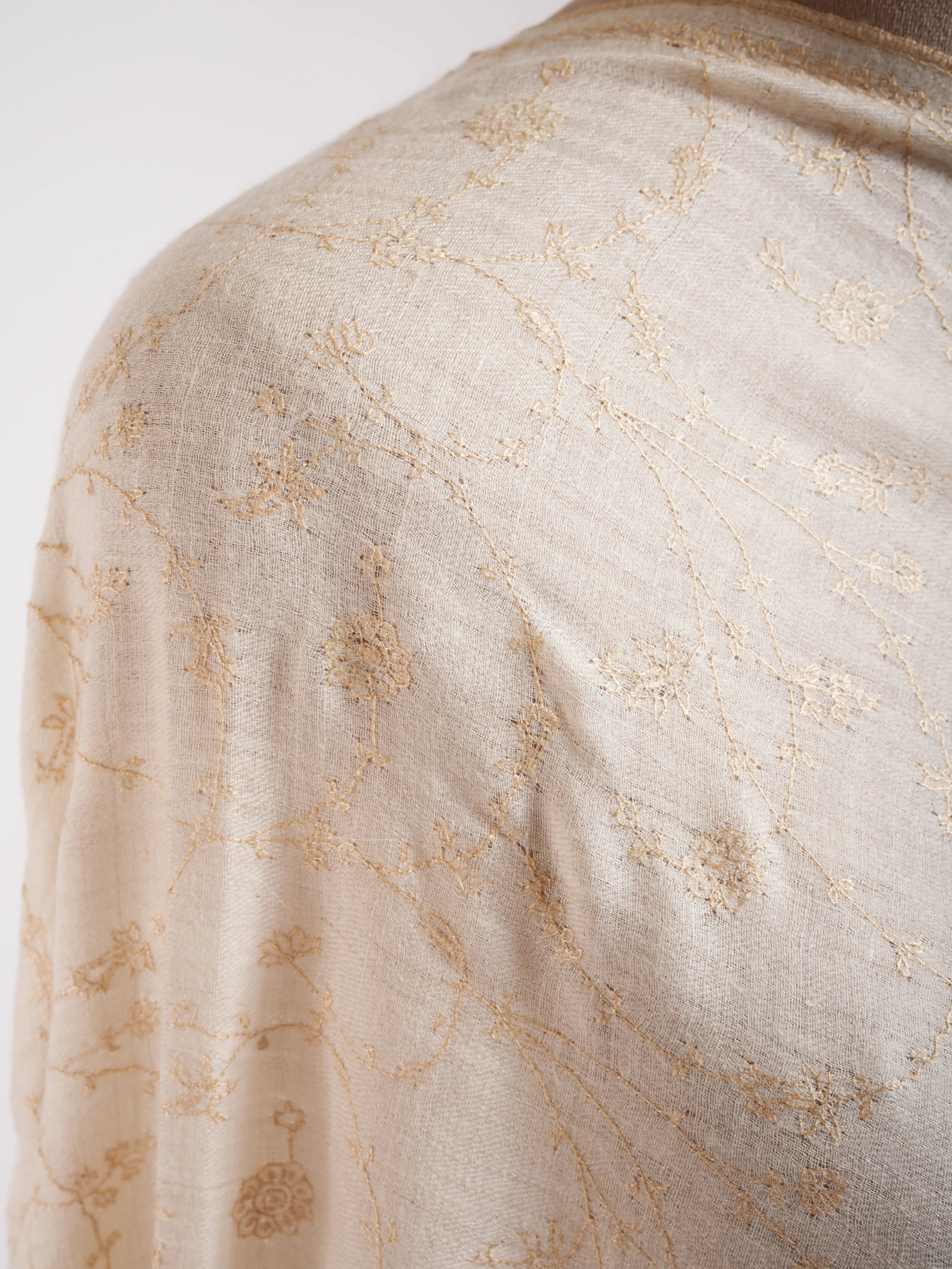 White Pashmina Shawl with Beige Embroidery Shahkaar