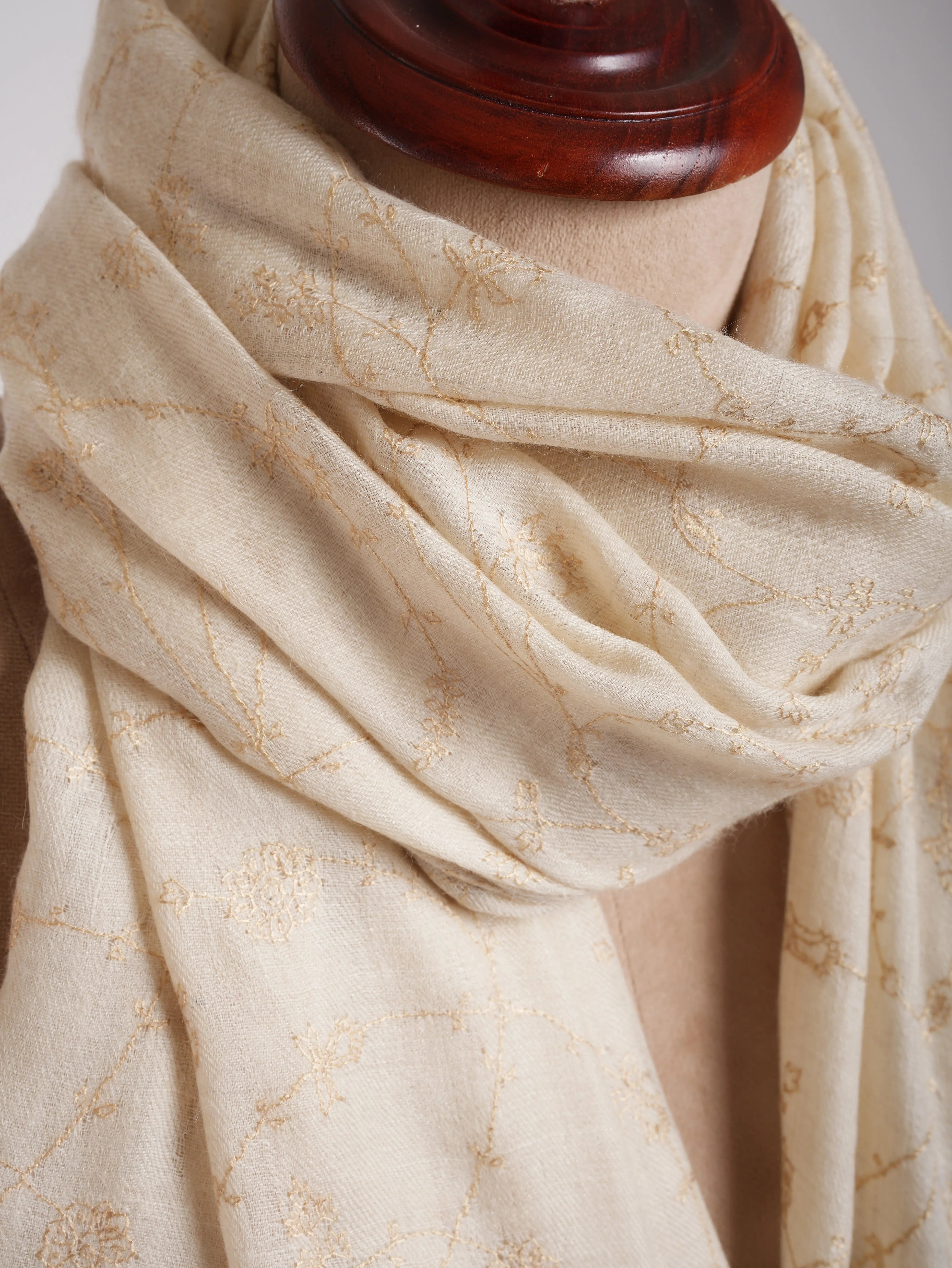 White Pashmina Shawl with Beige Embroidery Shahkaar