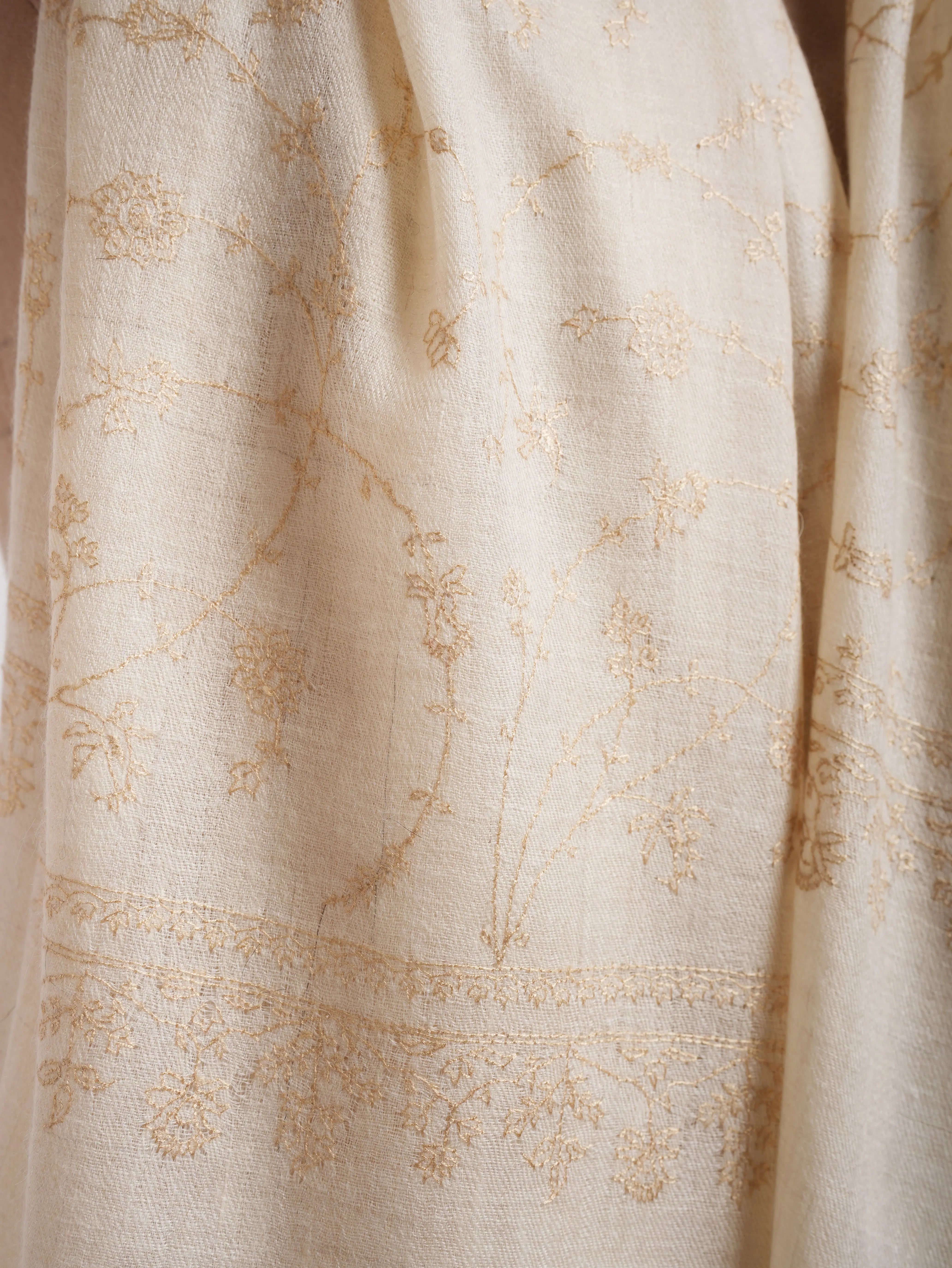 White Pashmina Shawl with Beige Embroidery Shahkaar