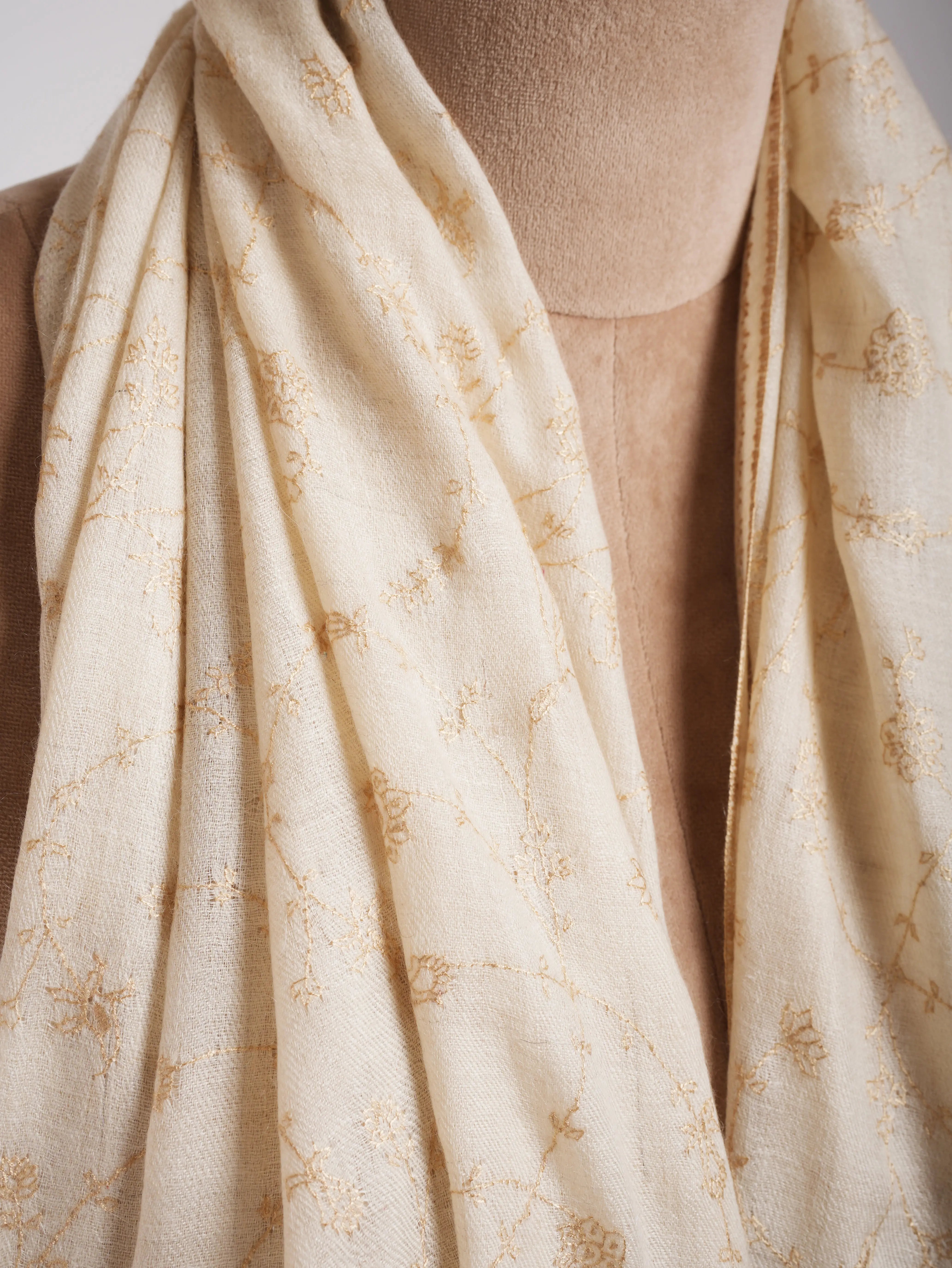 White Pashmina Shawl with Beige Embroidery Shahkaar
