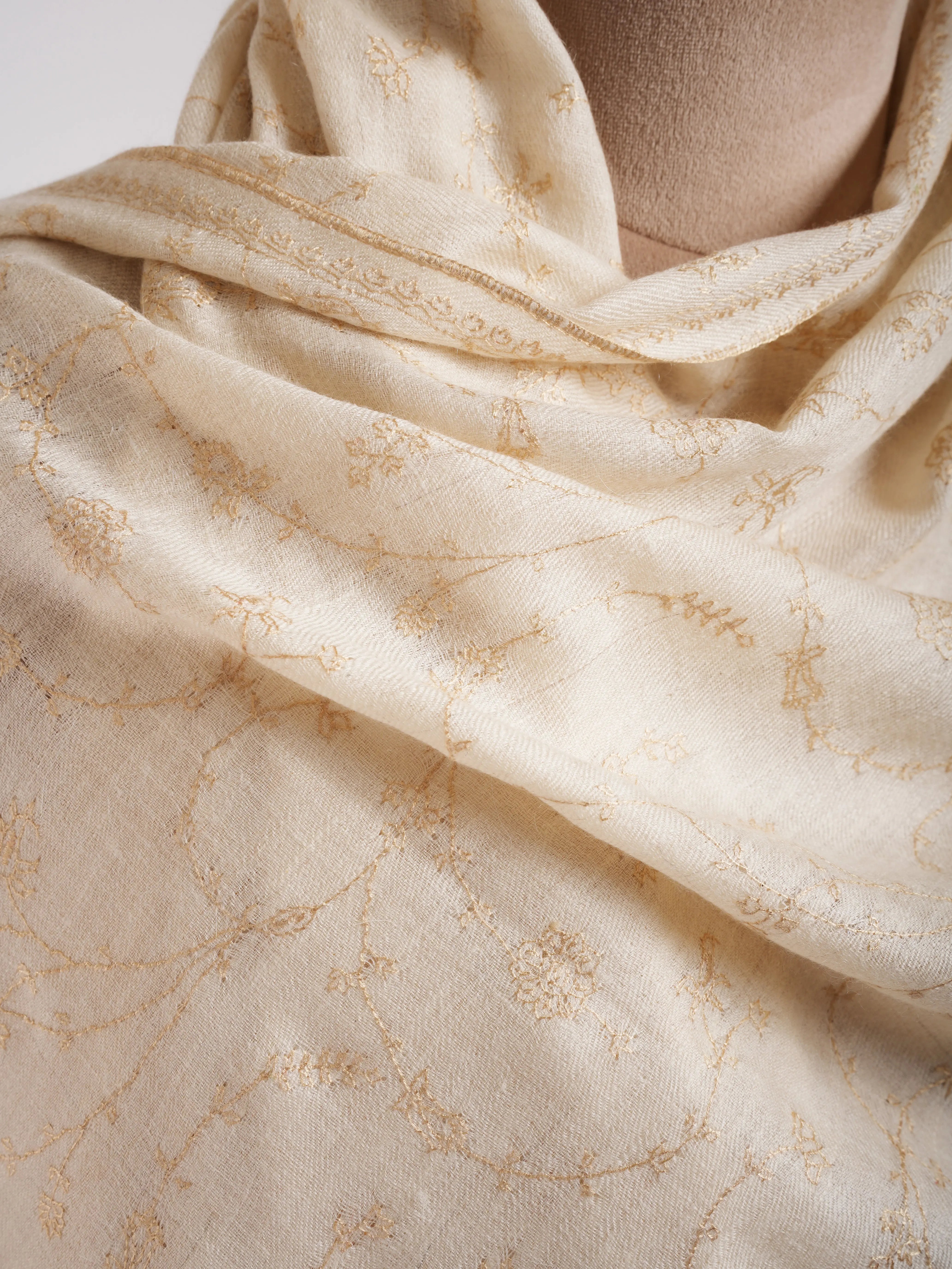 White Pashmina Shawl with Beige Embroidery Shahkaar
