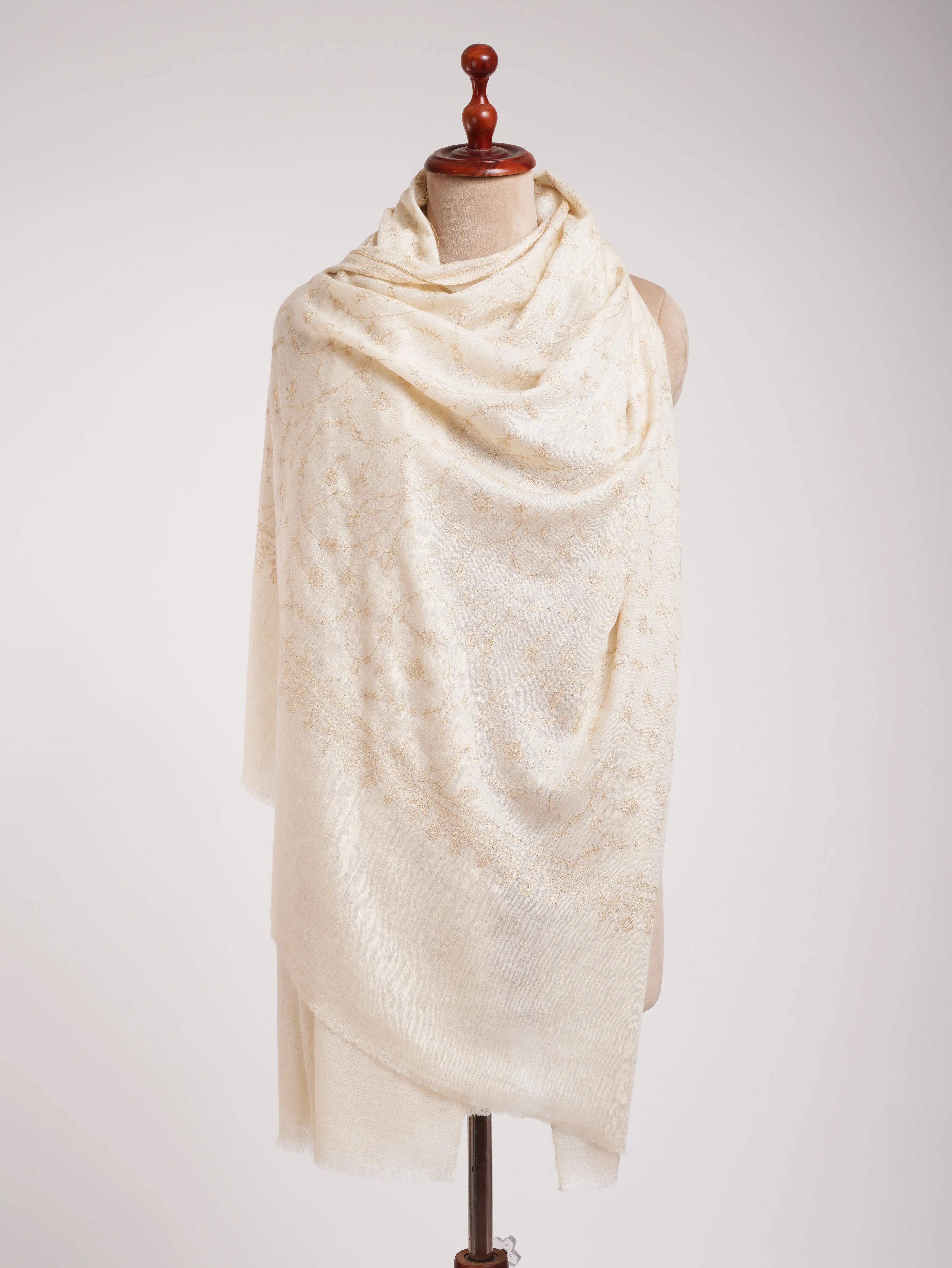 White Pashmina Shawl with Beige Embroidery Shahkaar