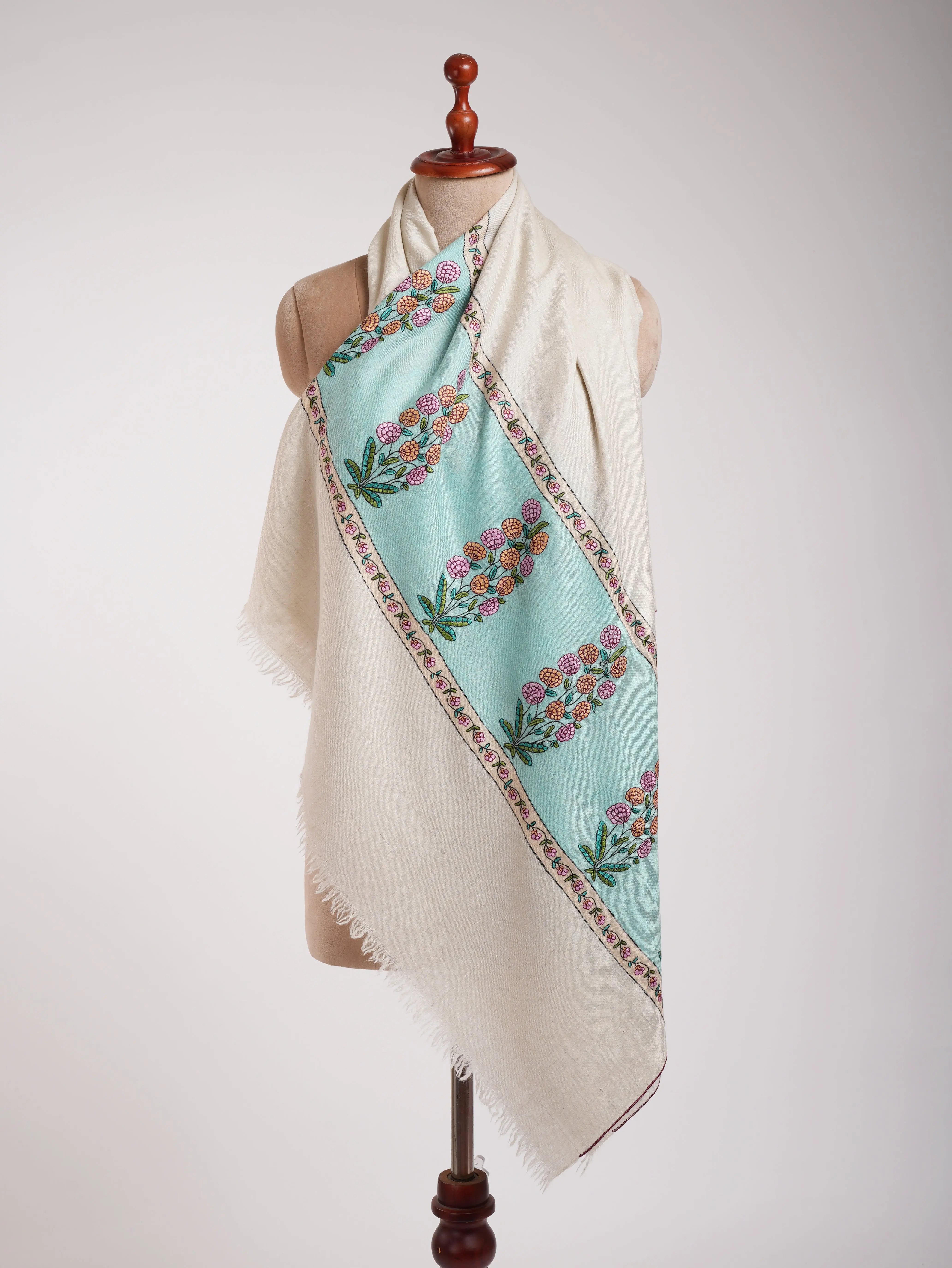 White Pashmina Shawl with Sozni Embroidery Shahkaar