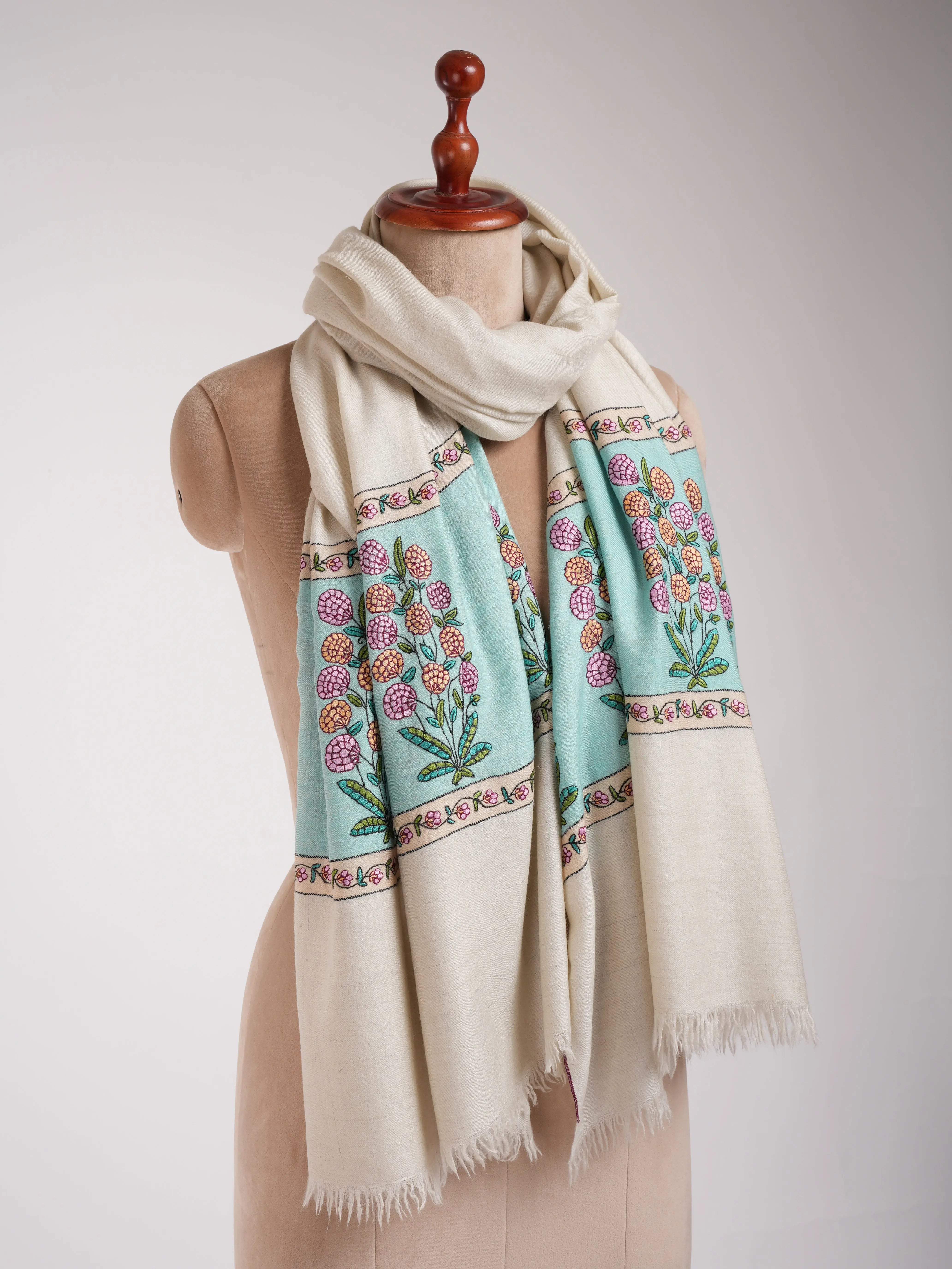 White Pashmina Shawl with Sozni Embroidery Shahkaar