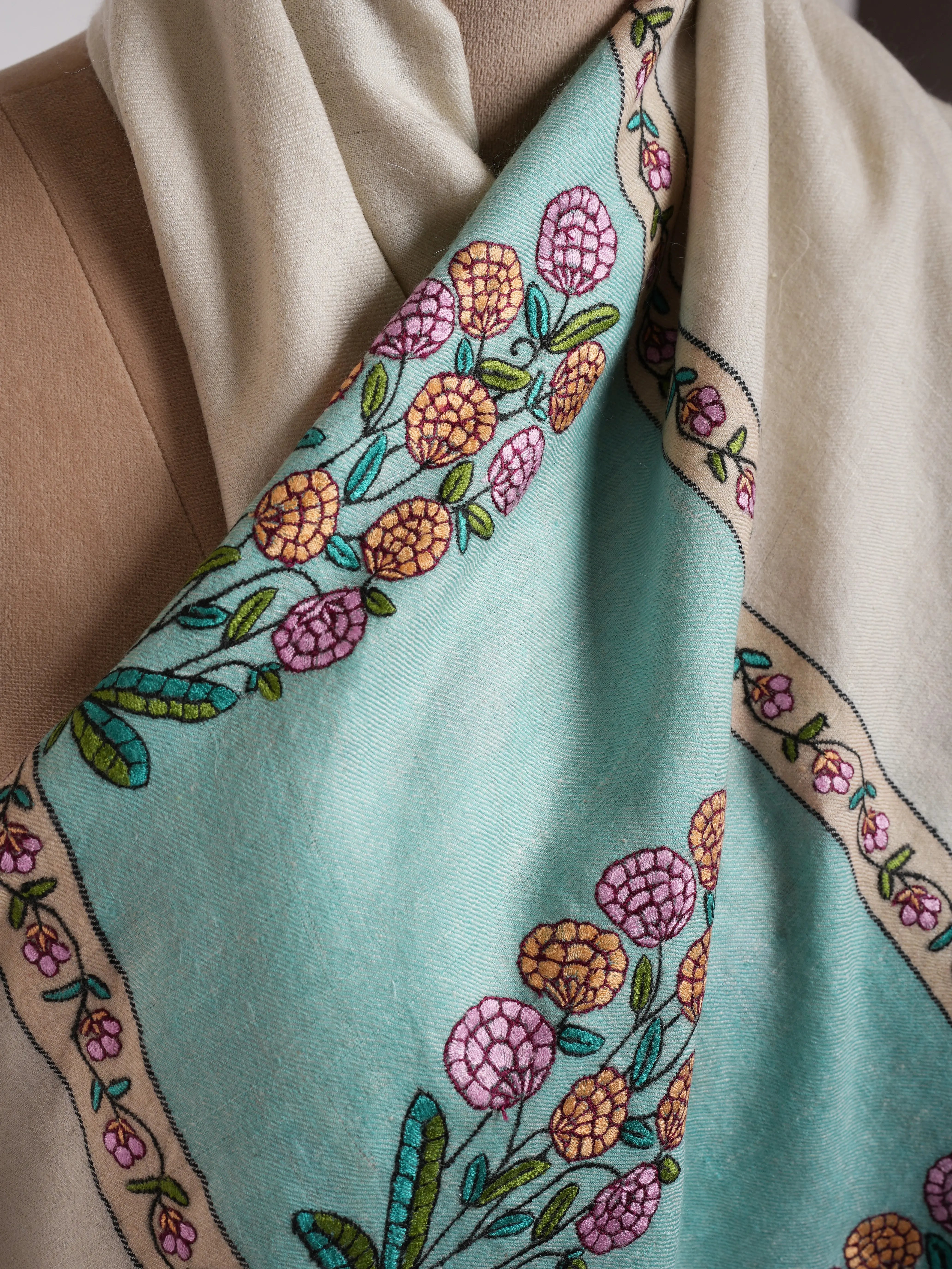 White Pashmina Shawl with Sozni Embroidery Shahkaar