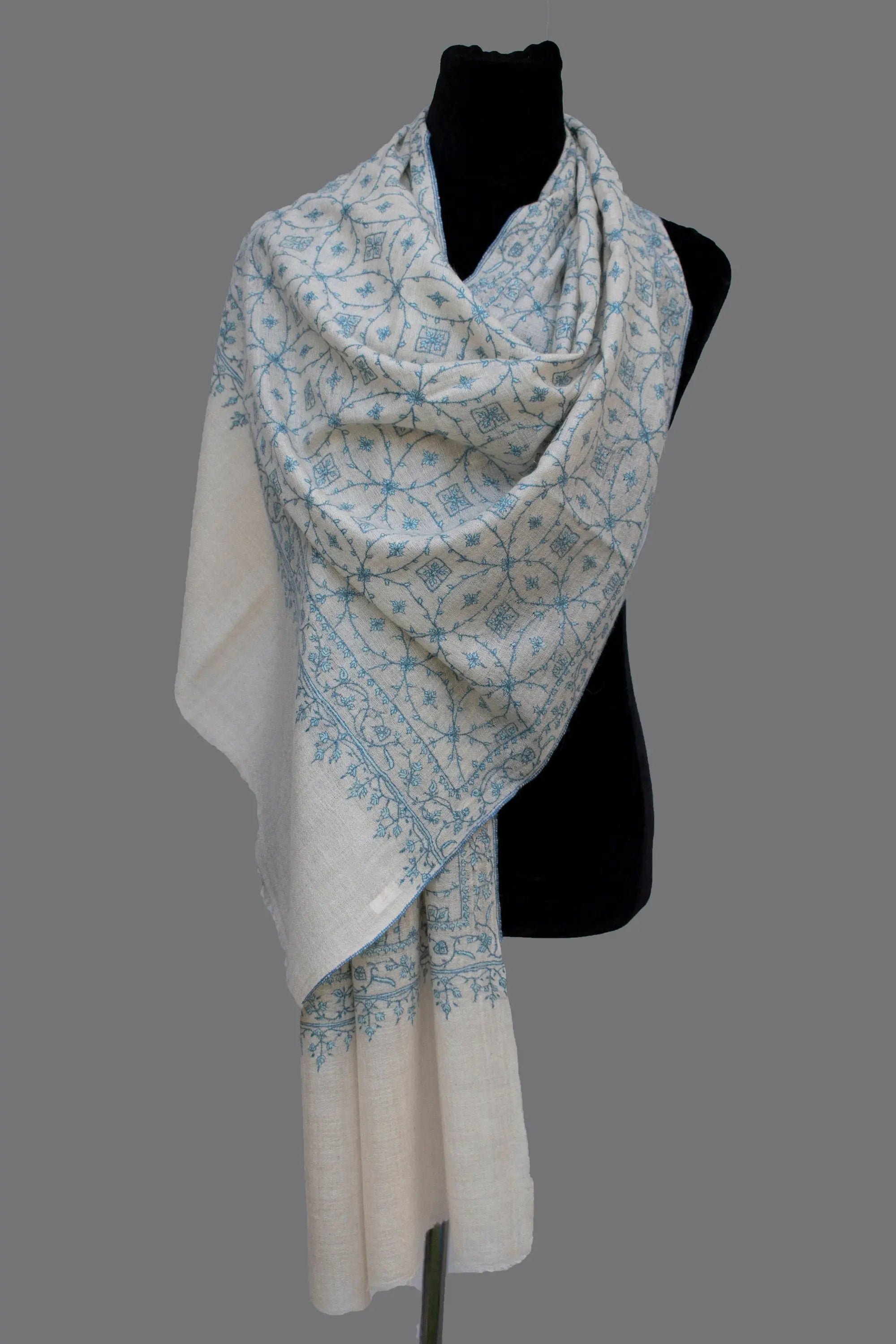 White Pure Cashmere Pashmina Scarf Wrap with All-over Embroidery, Hand loom, Hand Embroidery Shahkaar