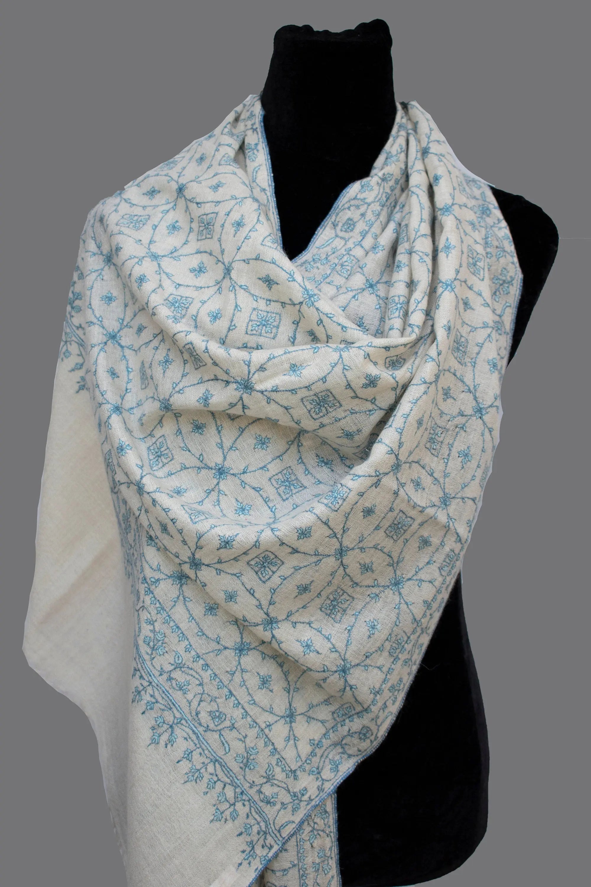 White Pure Cashmere Pashmina Scarf Wrap with All-over Embroidery, Hand loom, Hand Embroidery Shahkaar