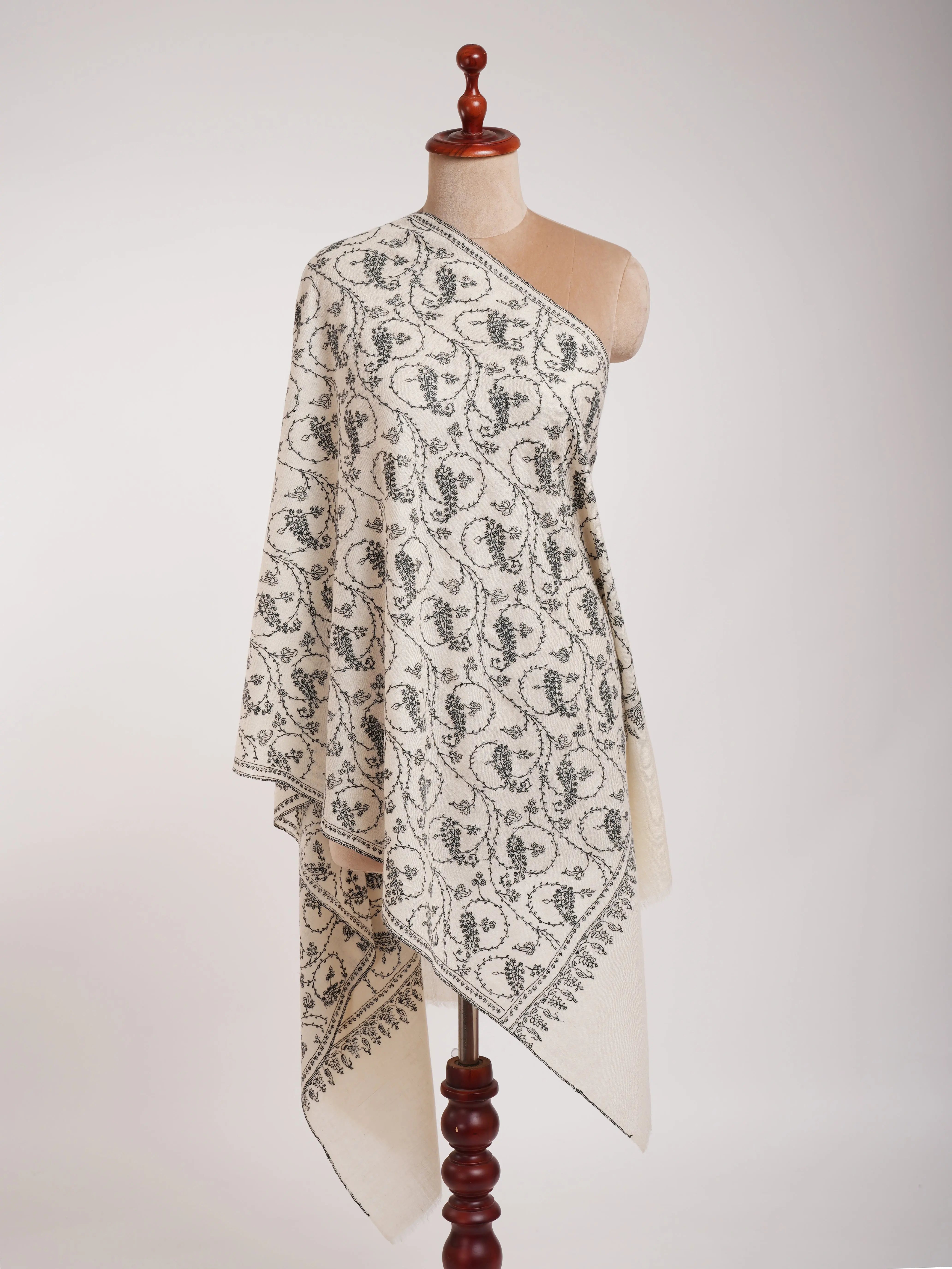 White Pure Cashmere Scarf with Black Sozni Embroidery Shahkaar