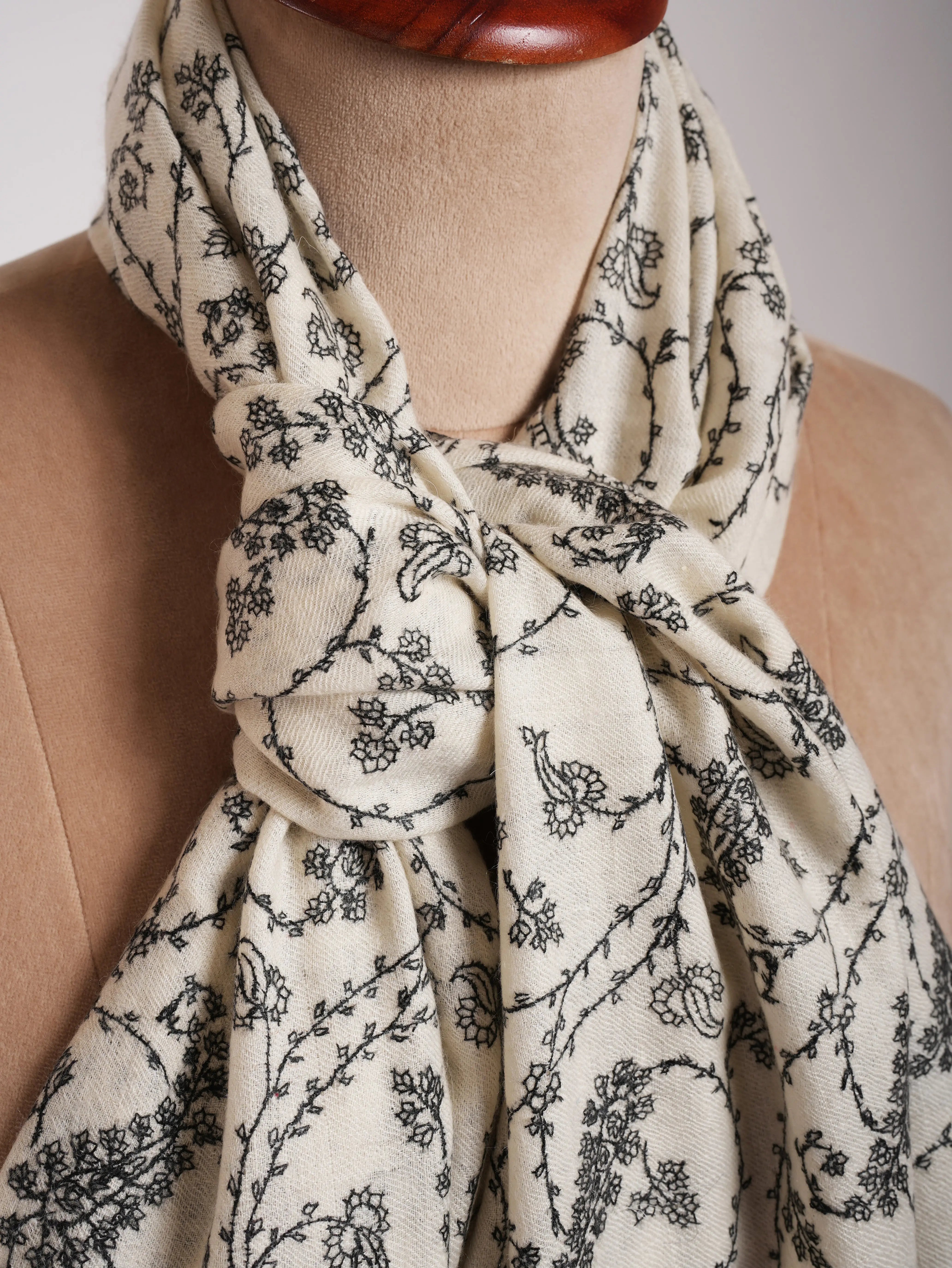 White Pure Cashmere Scarf with Black Sozni Embroidery Shahkaar