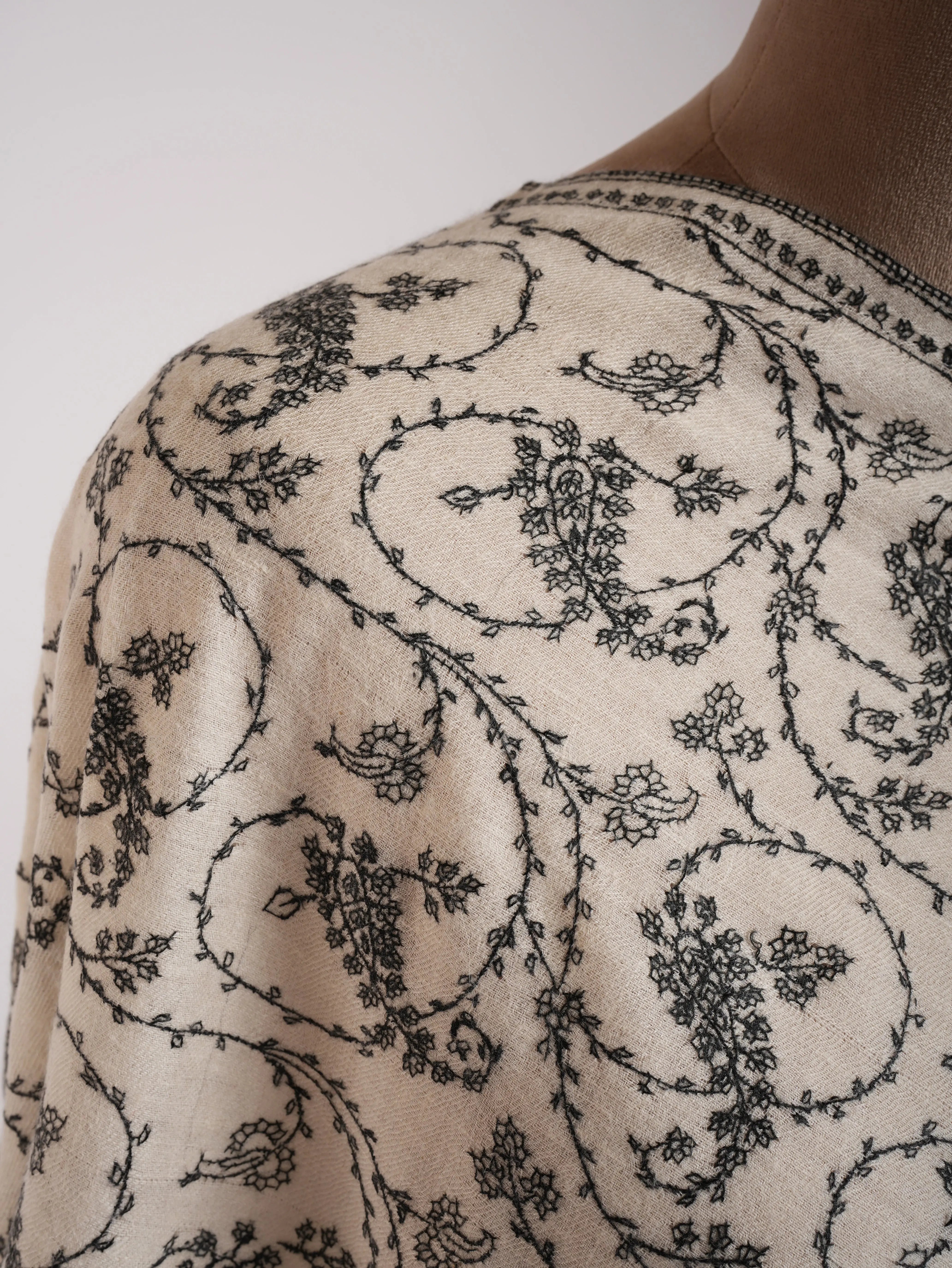 White Pure Cashmere Scarf with Black Sozni Embroidery Shahkaar