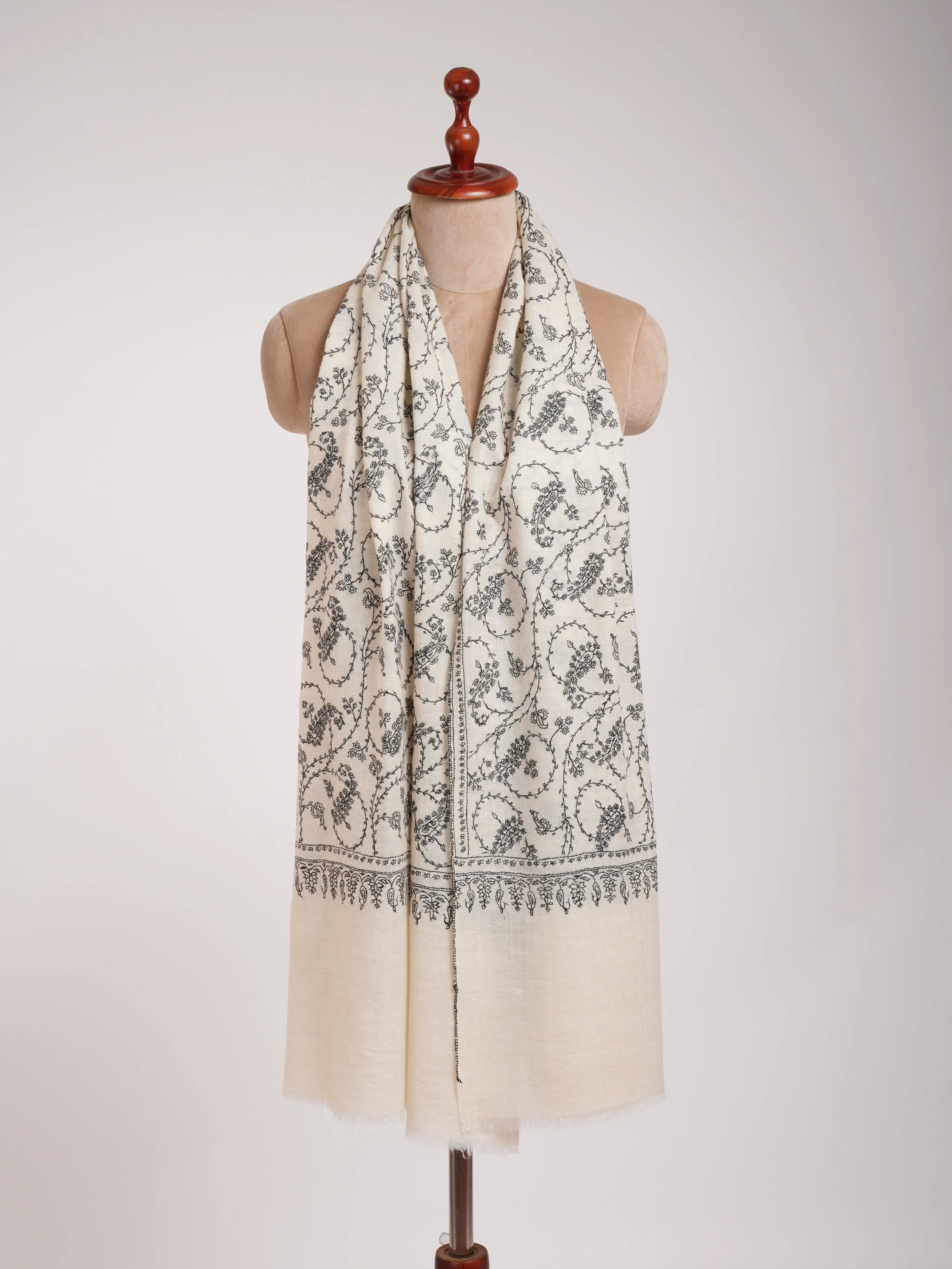 White Pure Cashmere Scarf with Black Sozni Embroidery Shahkaar