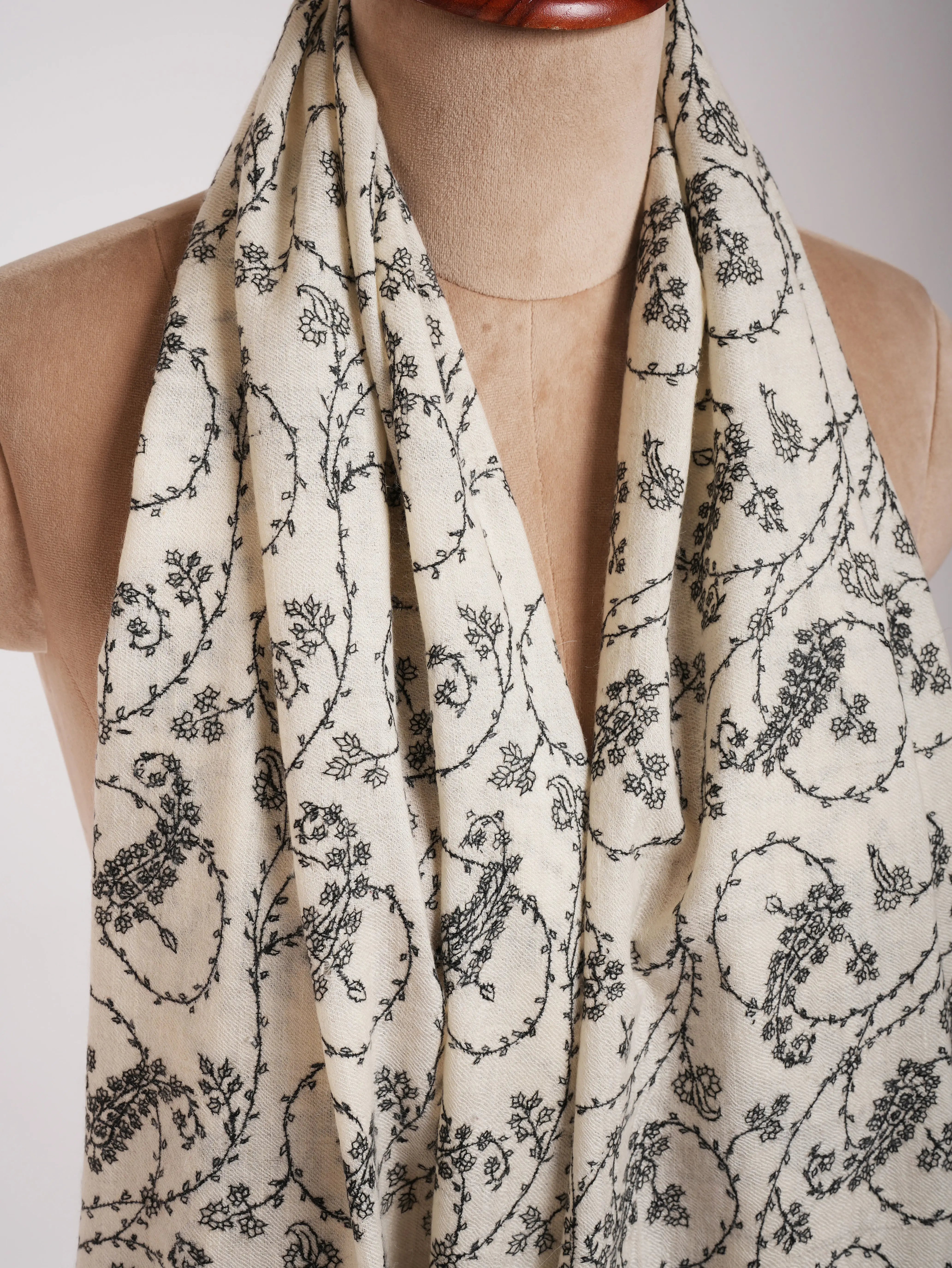 White Pure Cashmere Scarf with Black Sozni Embroidery Shahkaar