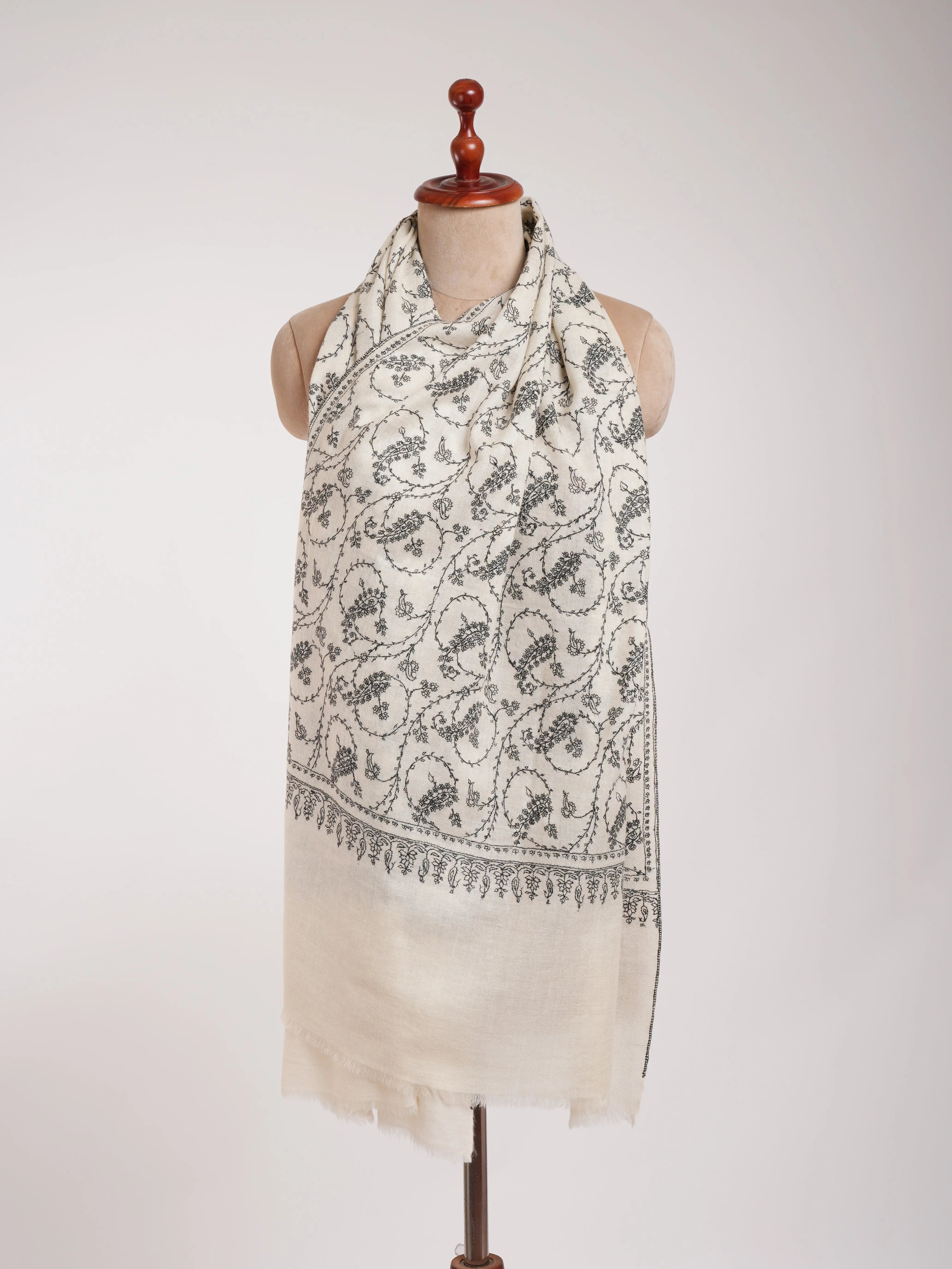 White Pure Cashmere Scarf with Black Sozni Embroidery Shahkaar