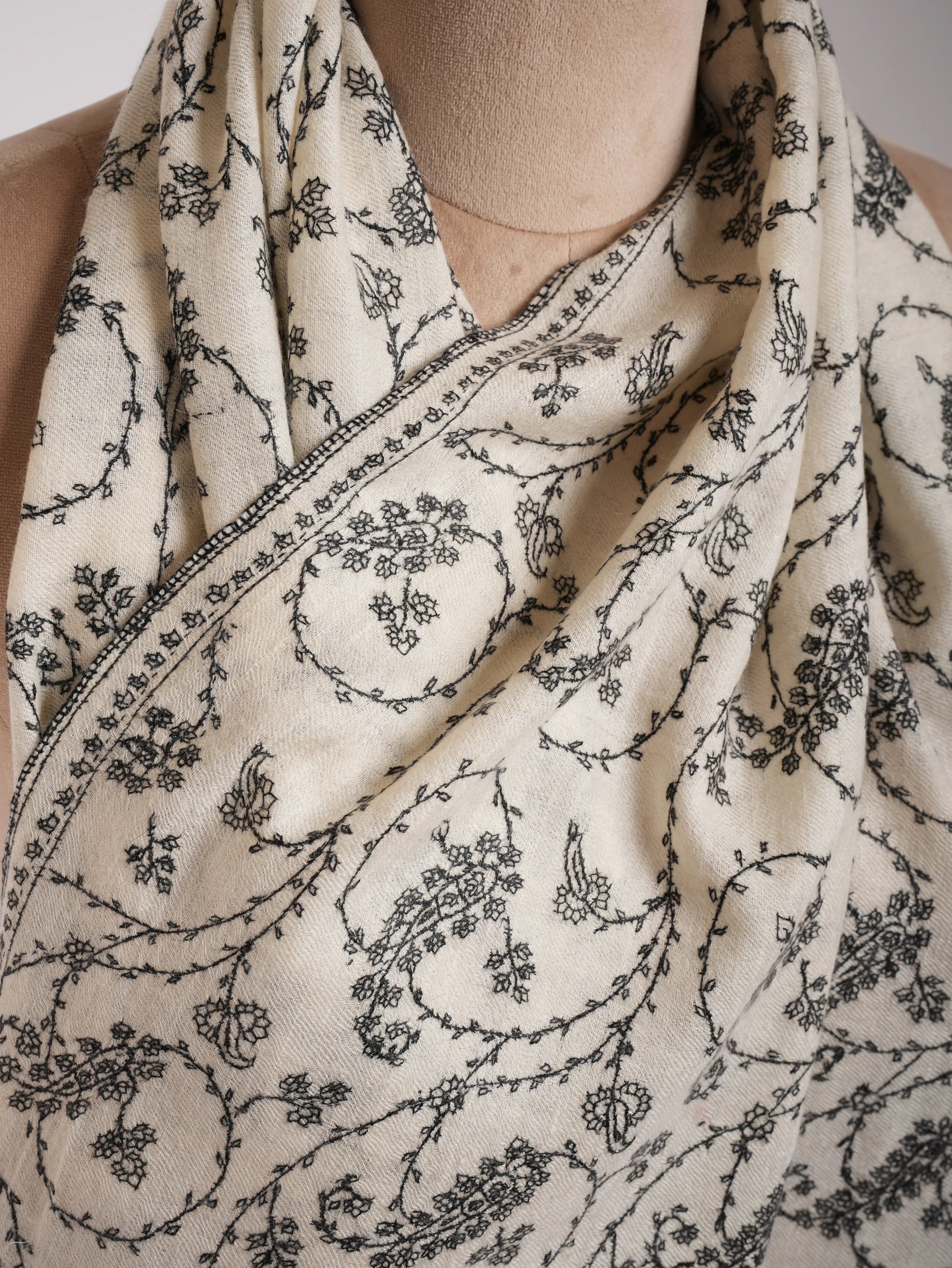 White Pure Cashmere Scarf with Black Sozni Embroidery Shahkaar