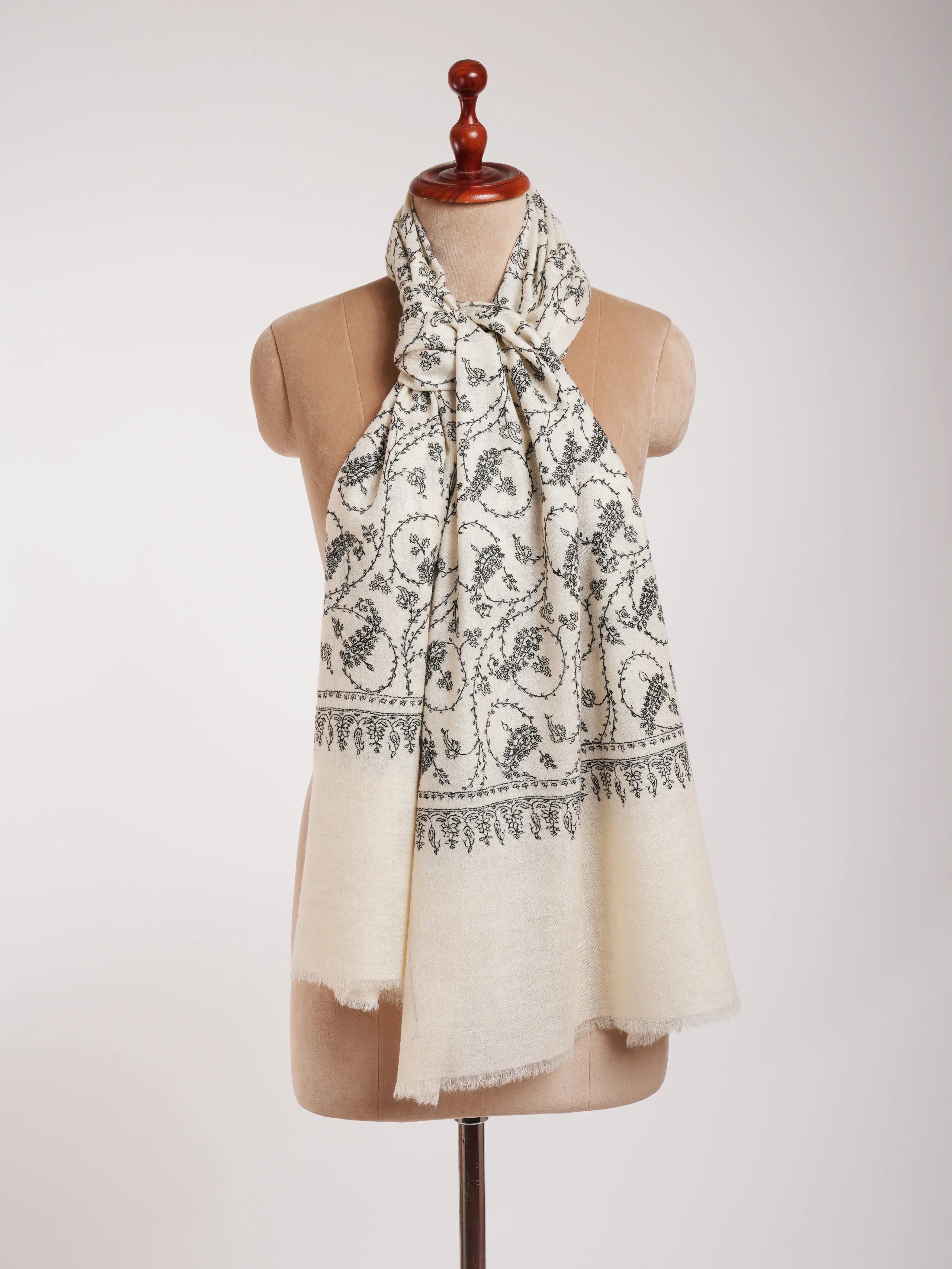 White Pure Cashmere Scarf with Black Sozni Embroidery Shahkaar