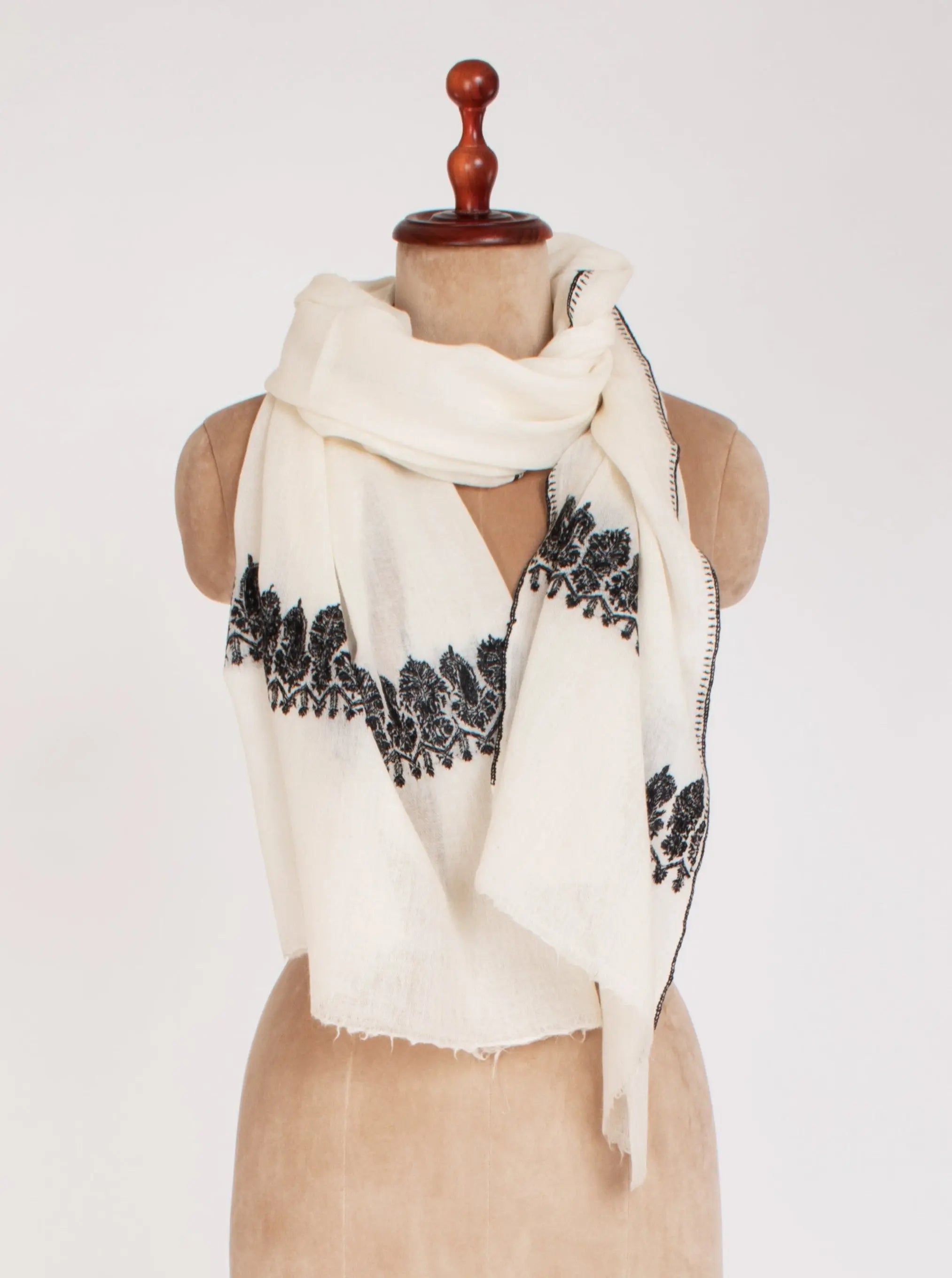 White Pure Wool Scarf With Black Hand Embroidery Shahkaar