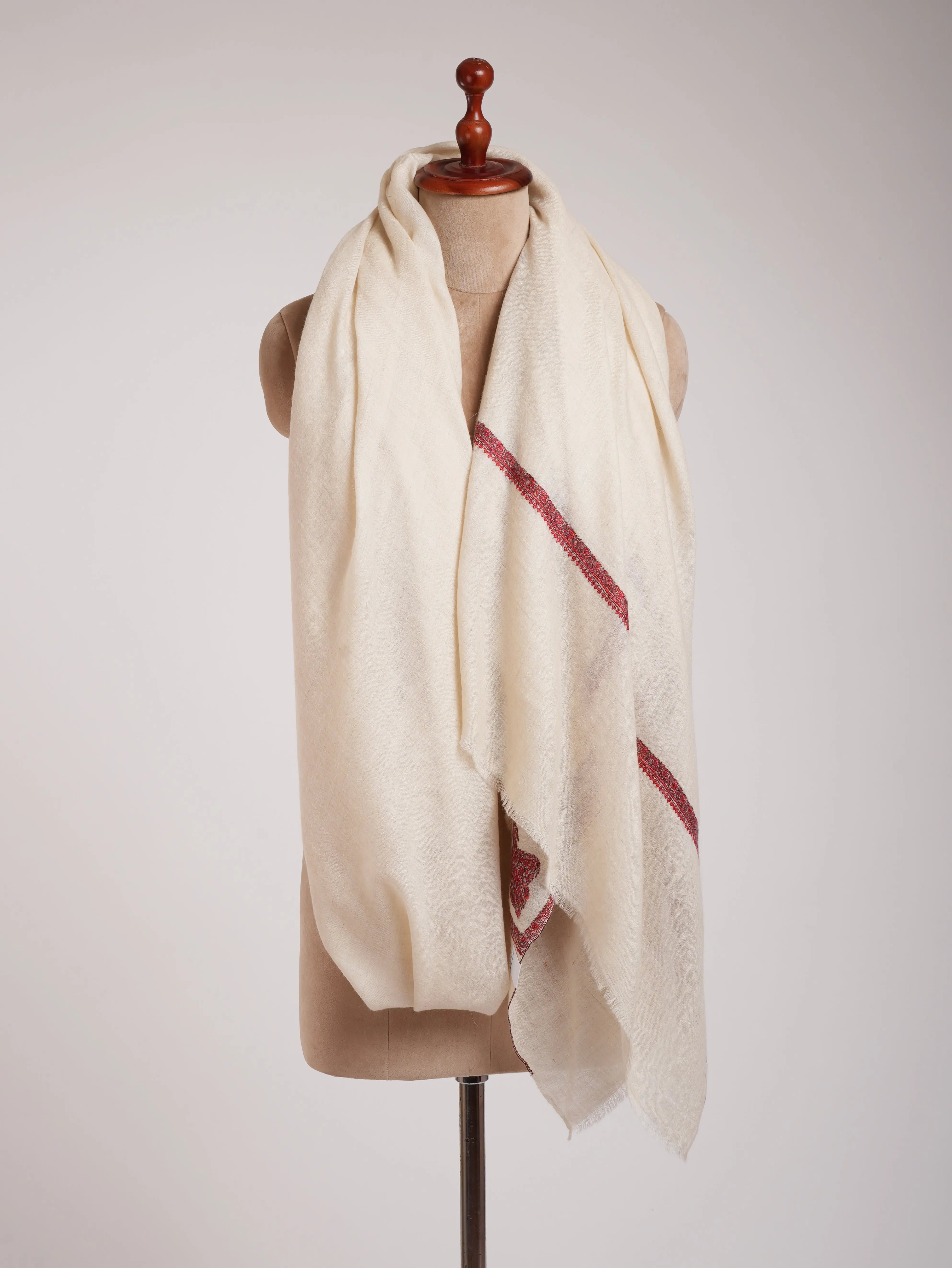 White Sozni Embroidered Kashmiri XL Pashmina Shawl Shahkaar