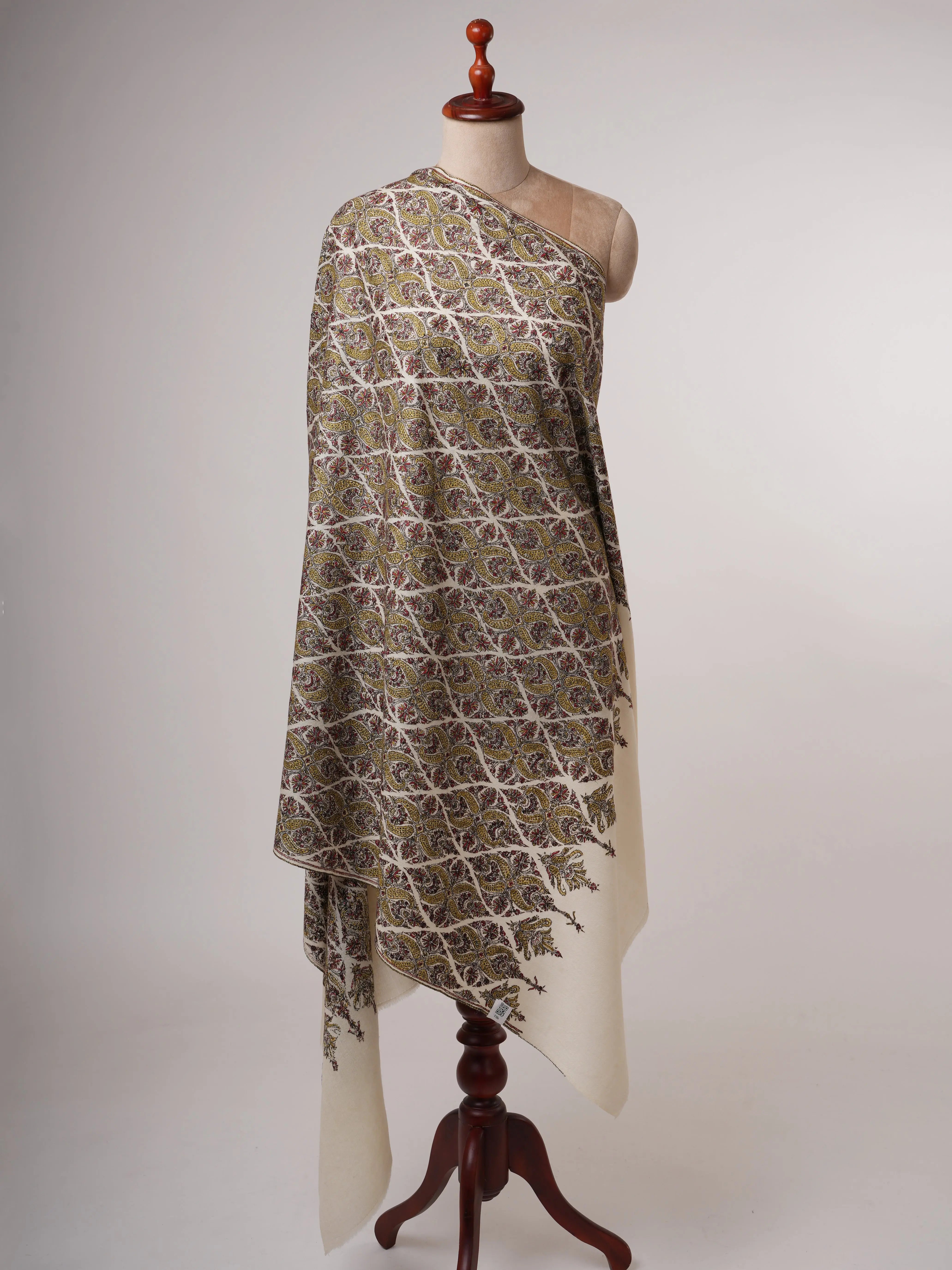 White Woolen Embroidered Shawl Shahkaar