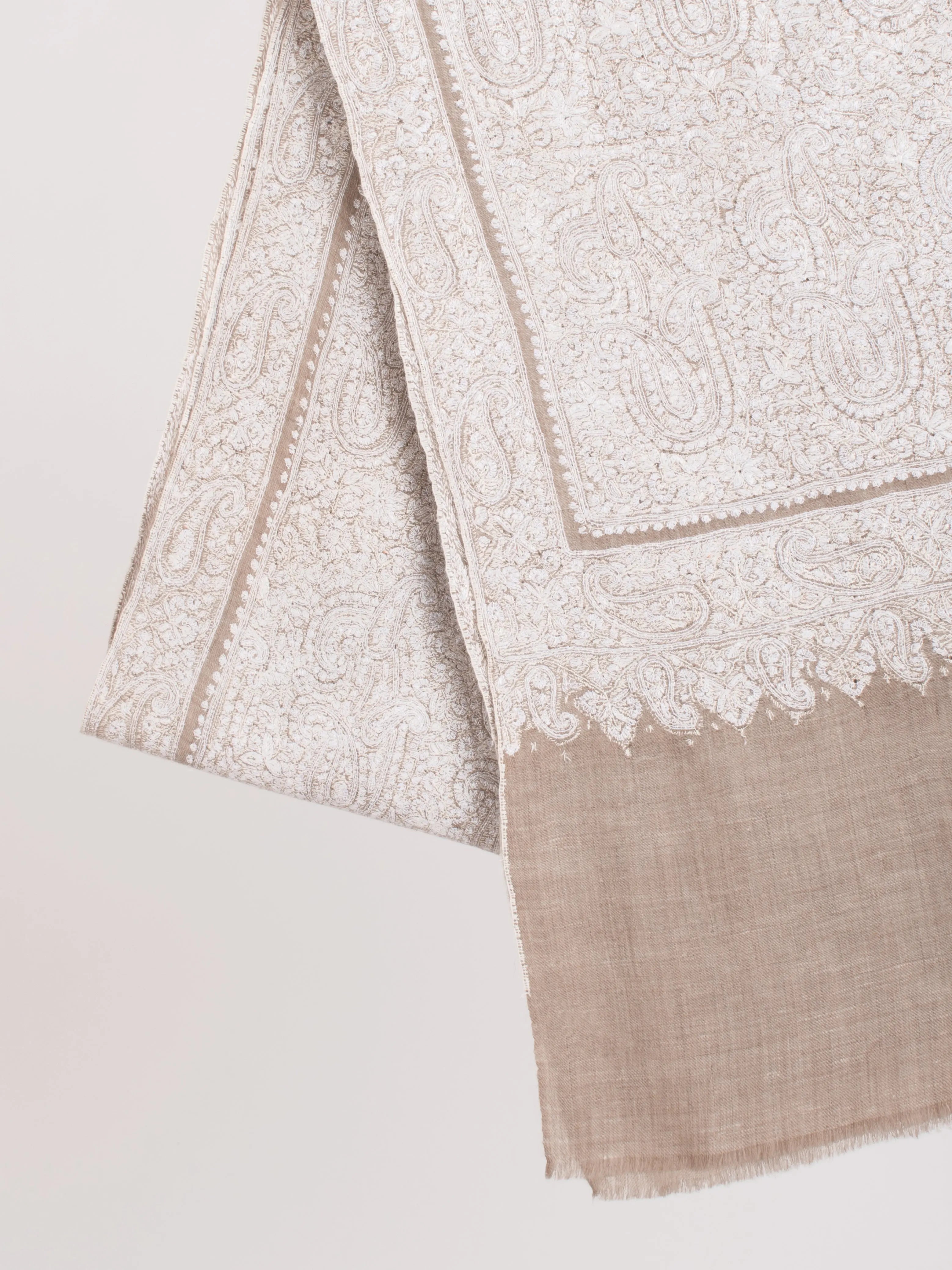 White on Grey Luxury Bridal Embroidered Pashmina Shawl Shahkaar
