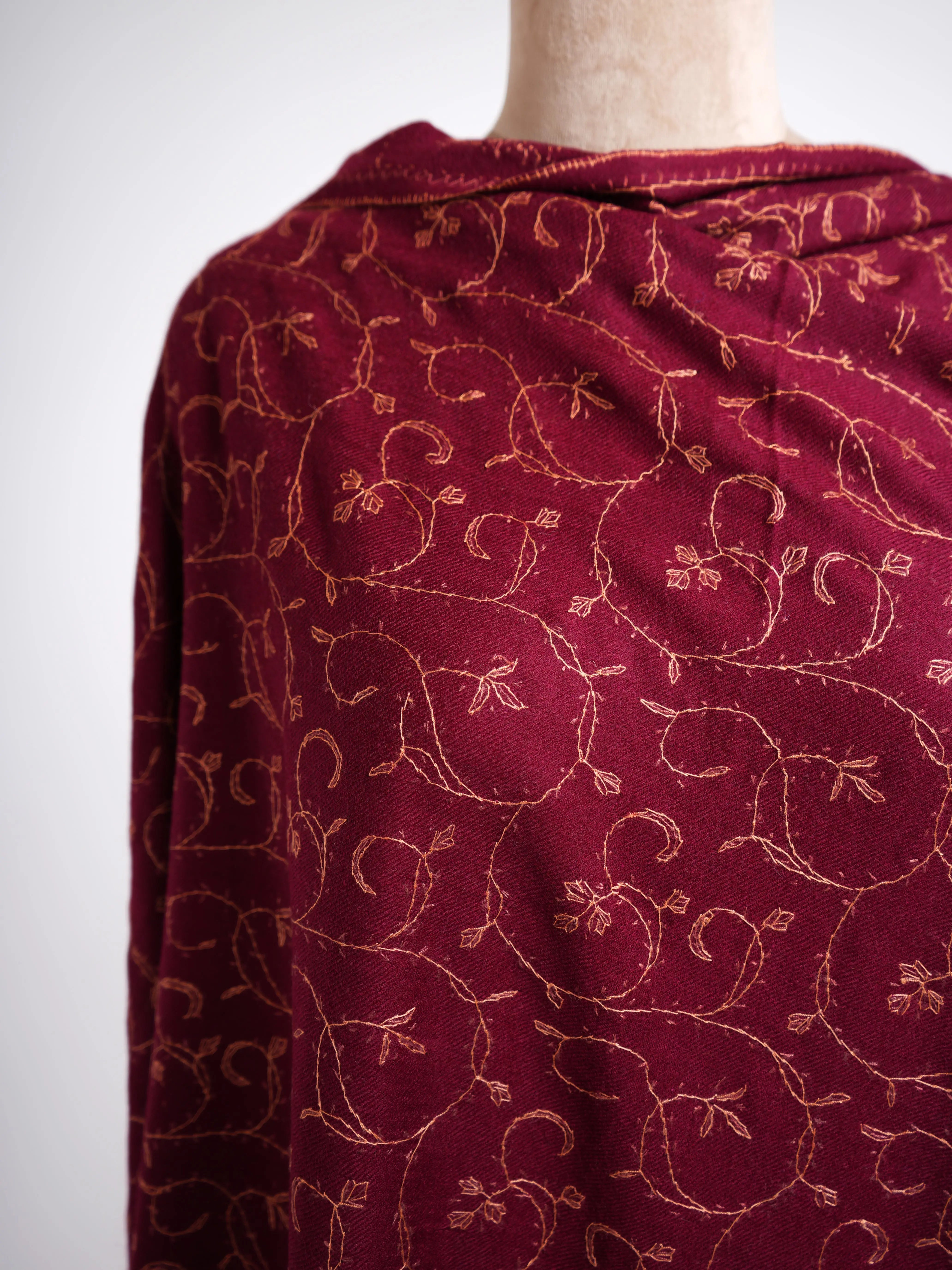 Wine Red Embroidered Boiled Wool Wrap Shahkaar