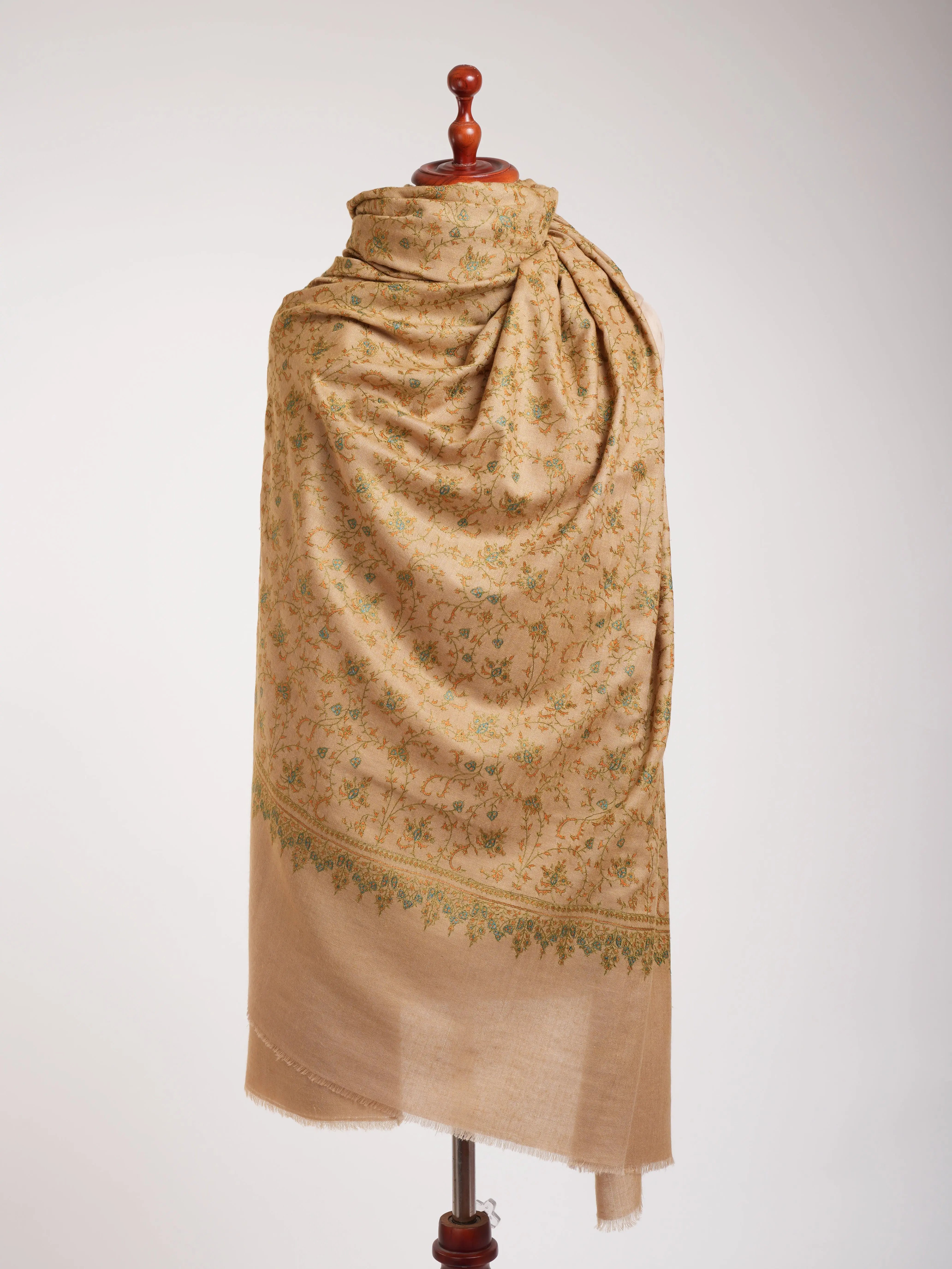 XL Golden Palm Authentic Indian Pashmina with Sozni Embroidery. Shahkaar
