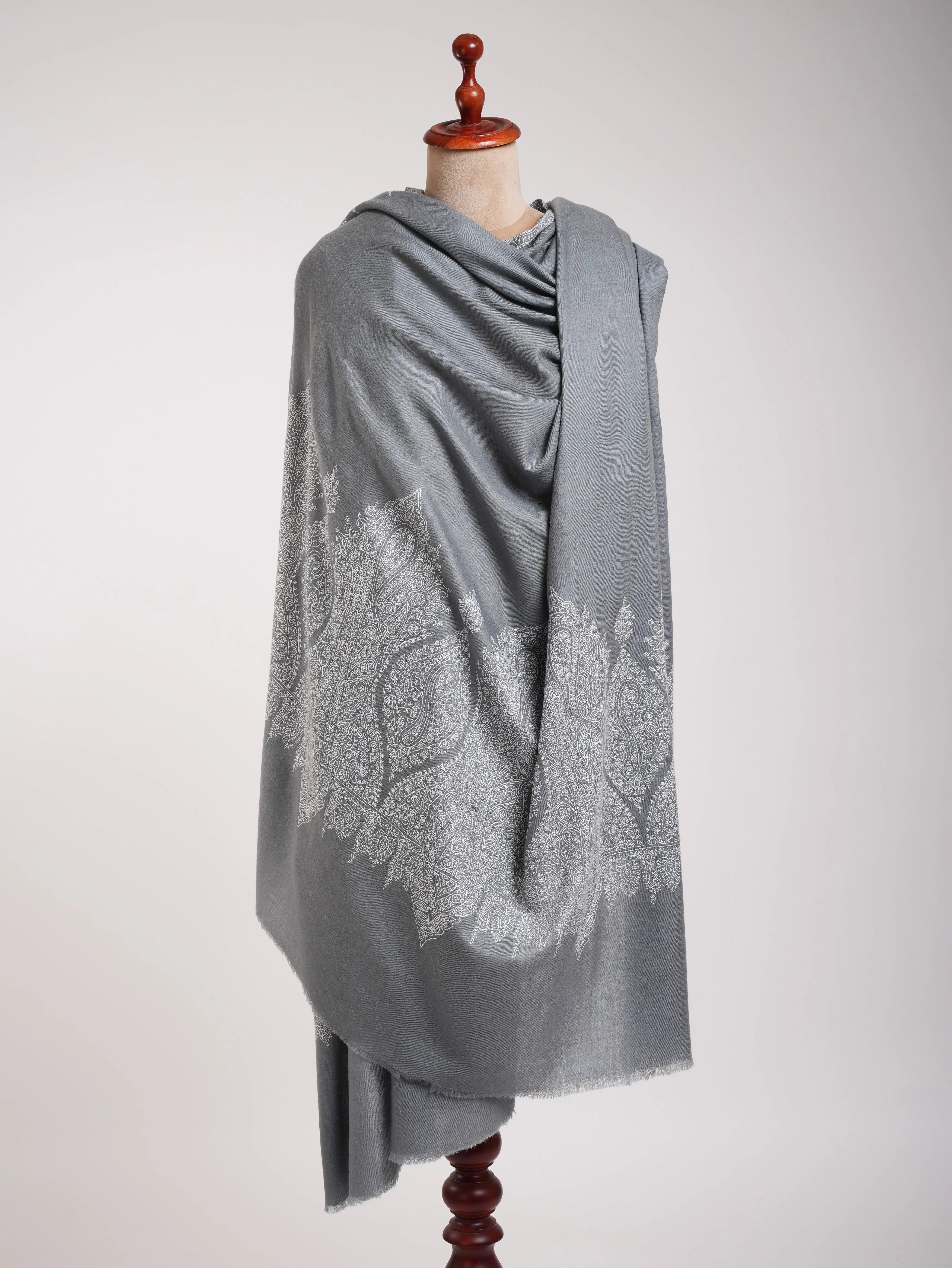 XL Gray Pashmina with White Sozni Embroidery Shawl Shahkaar