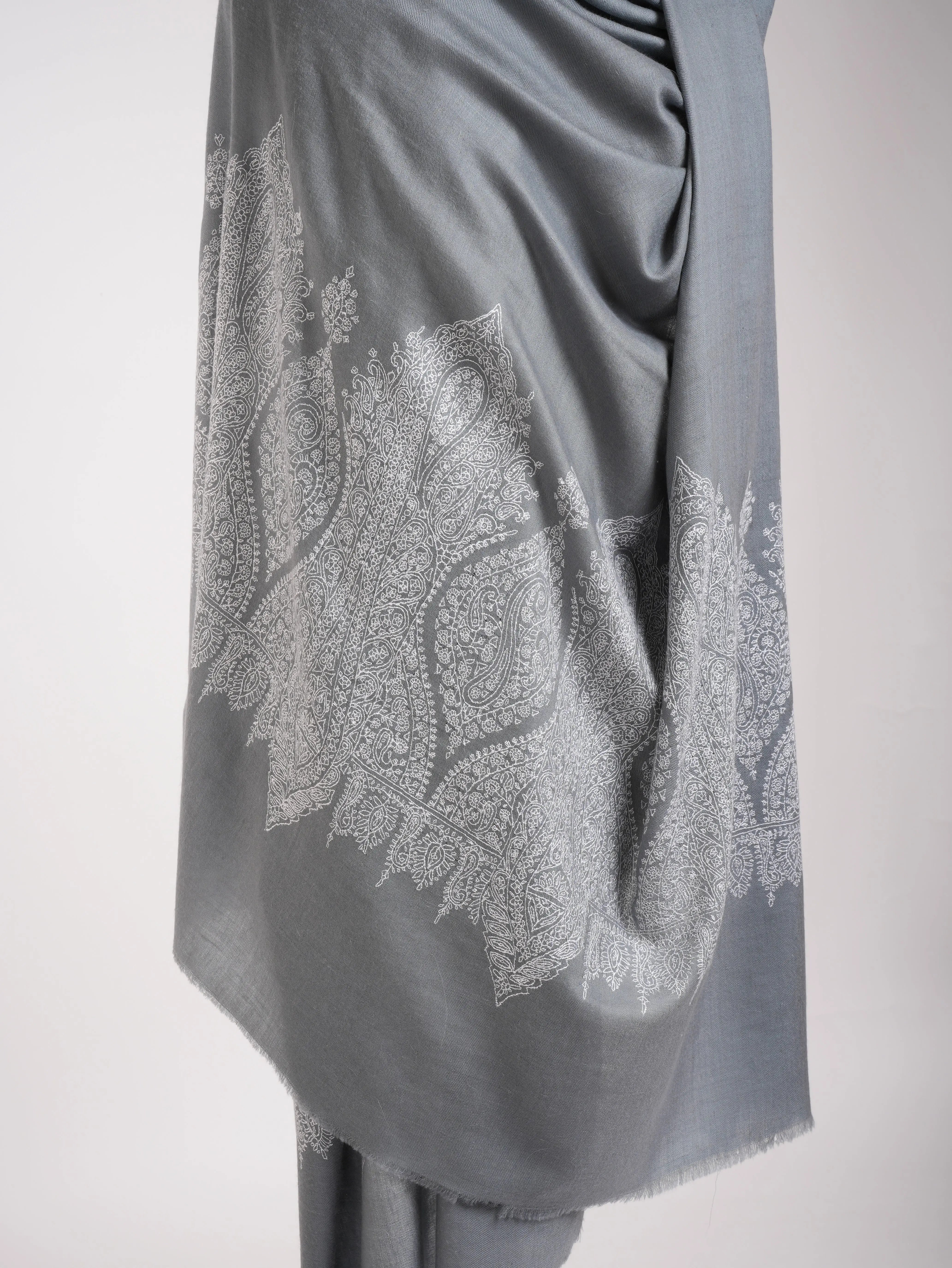 XL Gray Pashmina with White Sozni Embroidery Shawl Shahkaar