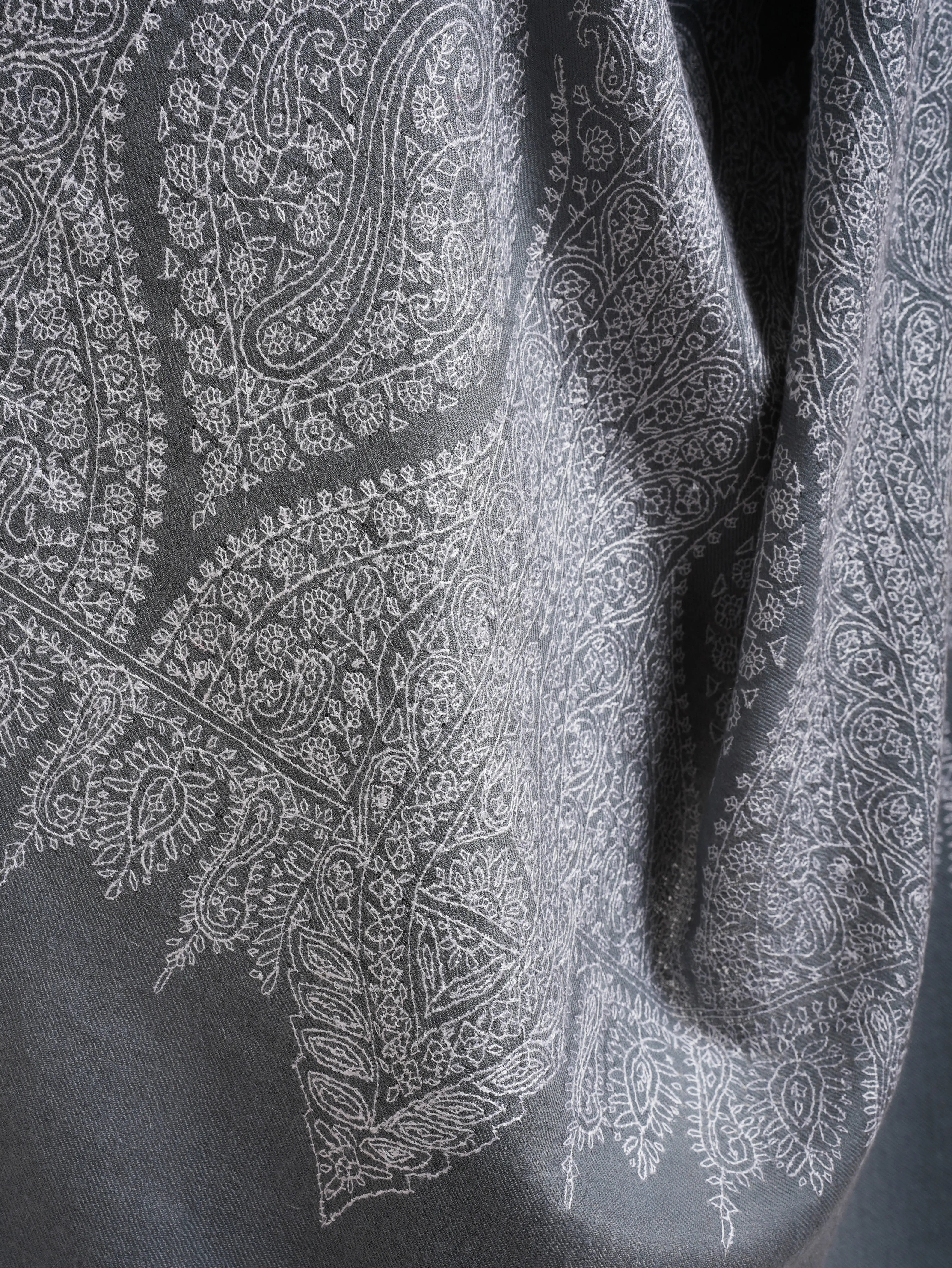 XL Gray Pashmina with White Sozni Embroidery Shawl Shahkaar