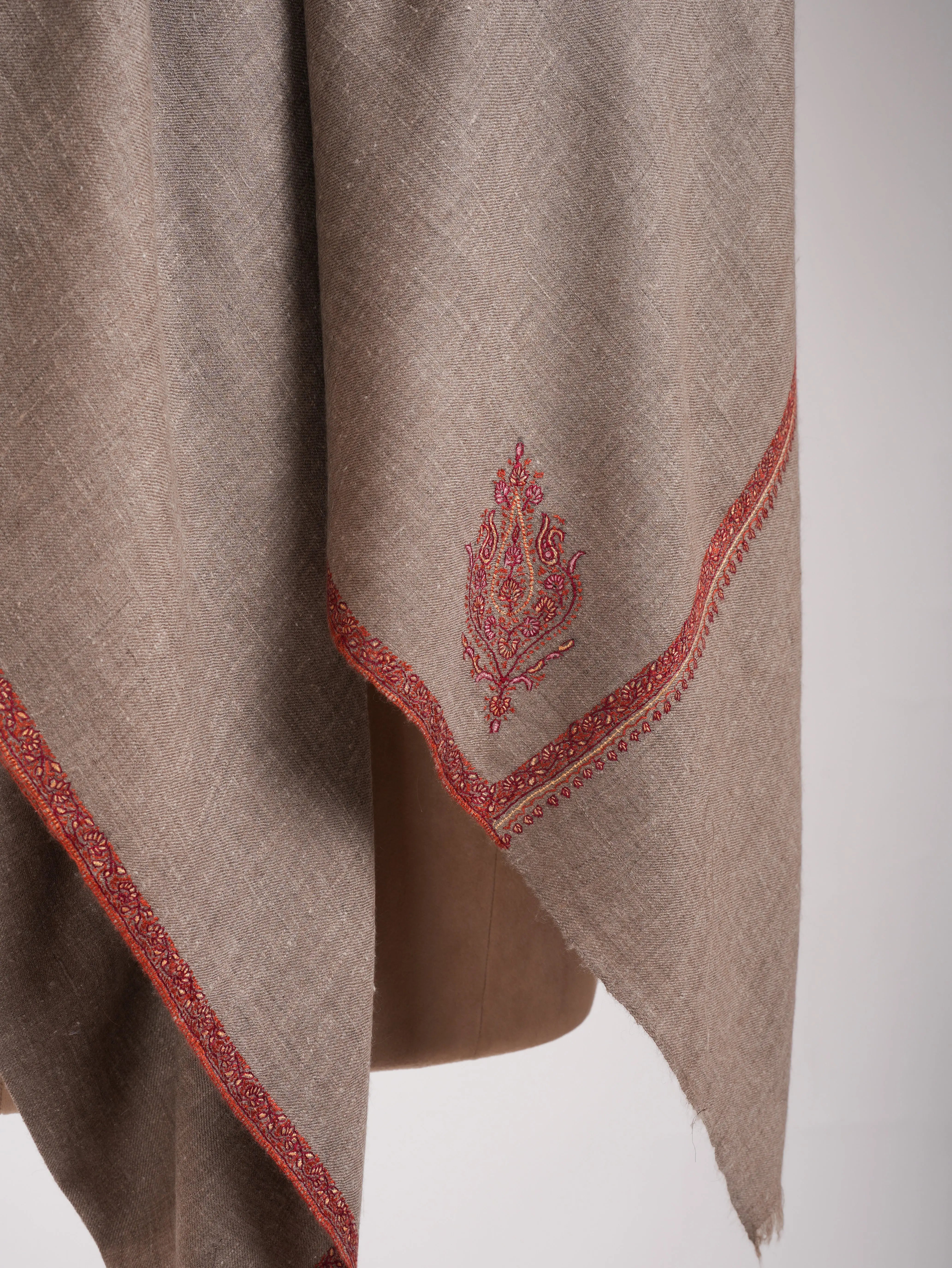 XL Grey Sozni Embroidered Pure Pashmina Shawl Shahkaar