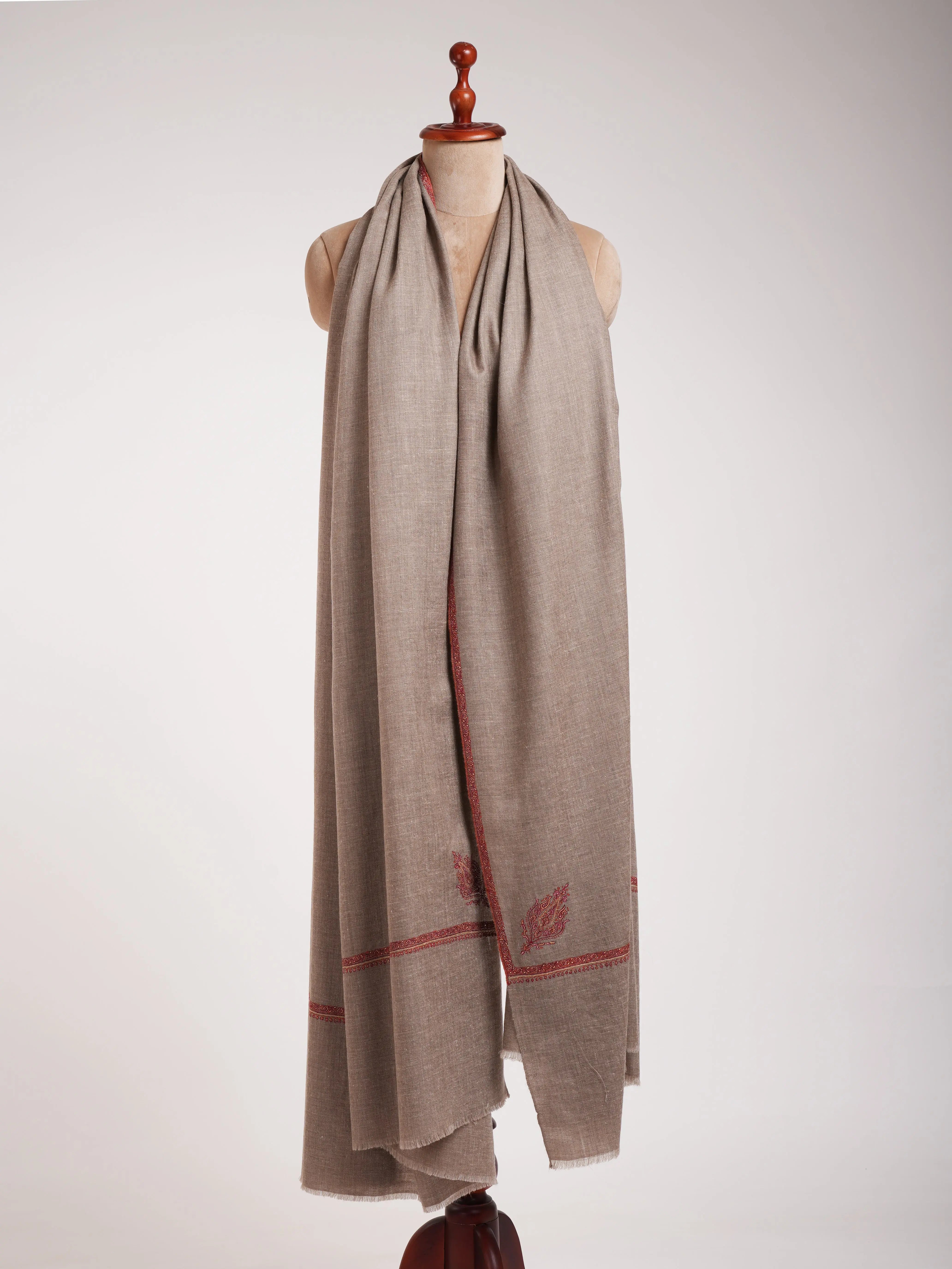 XL Grey Sozni Embroidered Pure Pashmina Shawl Shahkaar