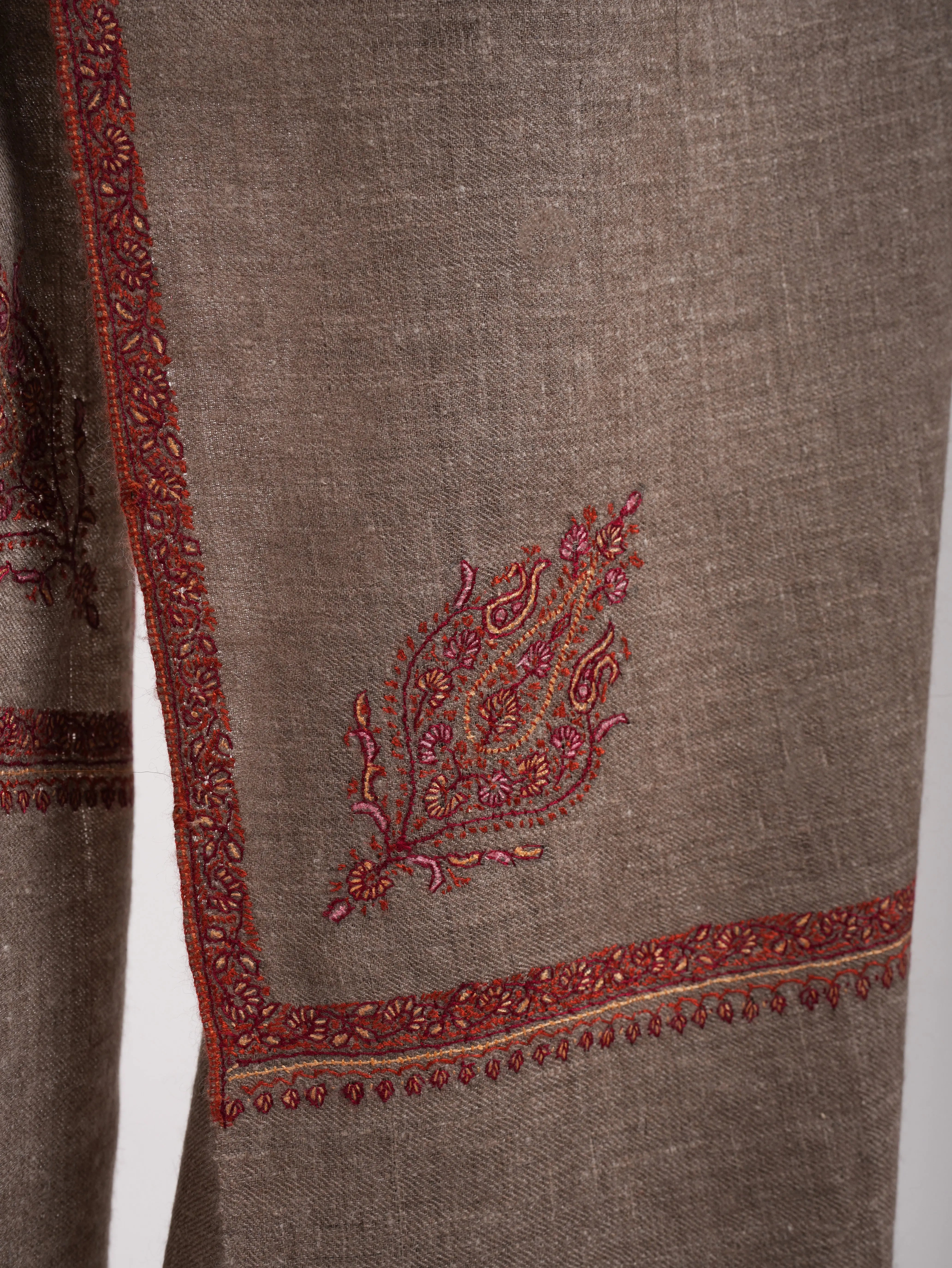 XL Grey Sozni Embroidered Pure Pashmina Shawl Shahkaar