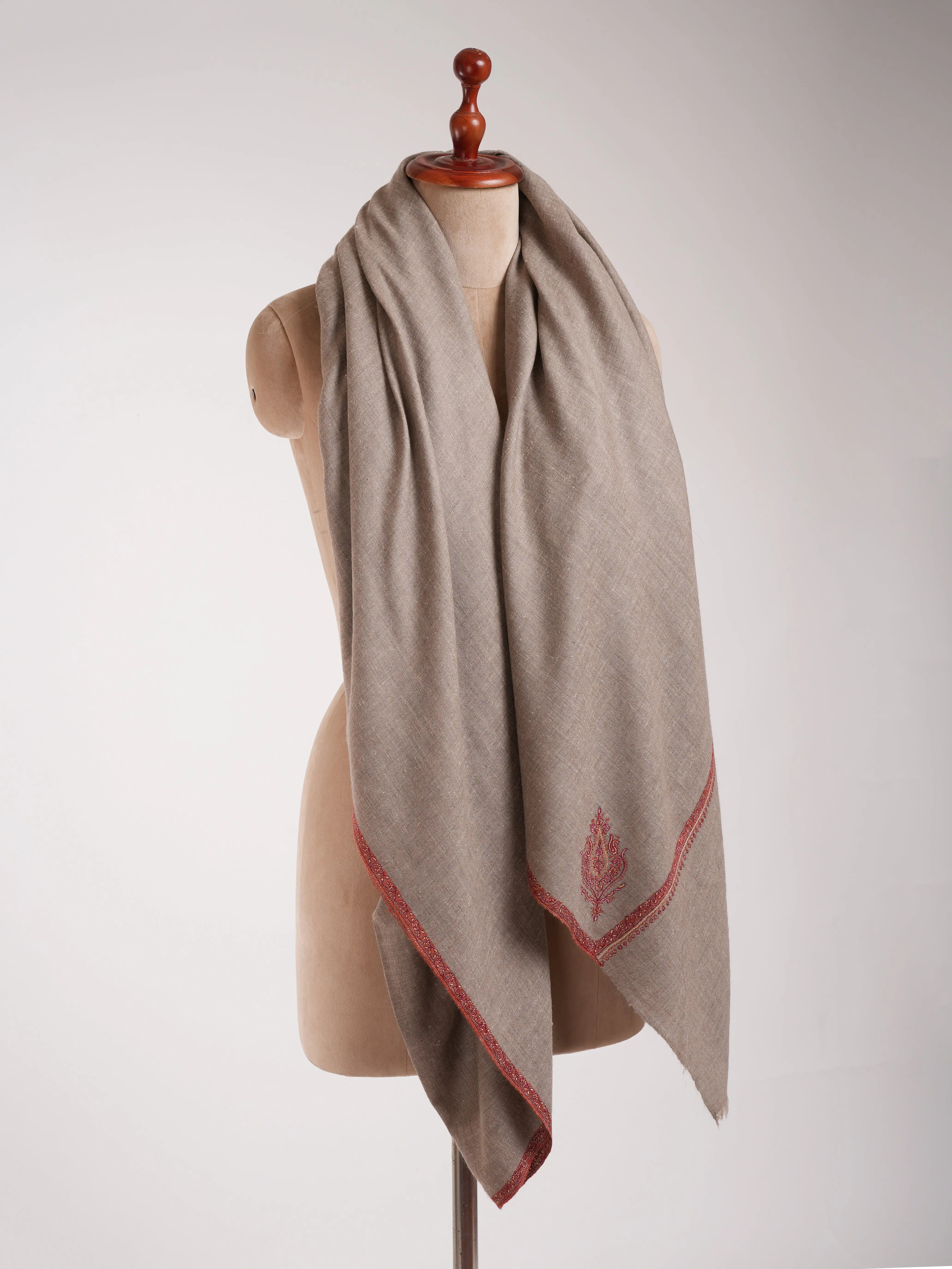 XL Grey Sozni Embroidered Pure Pashmina Shawl Shahkaar