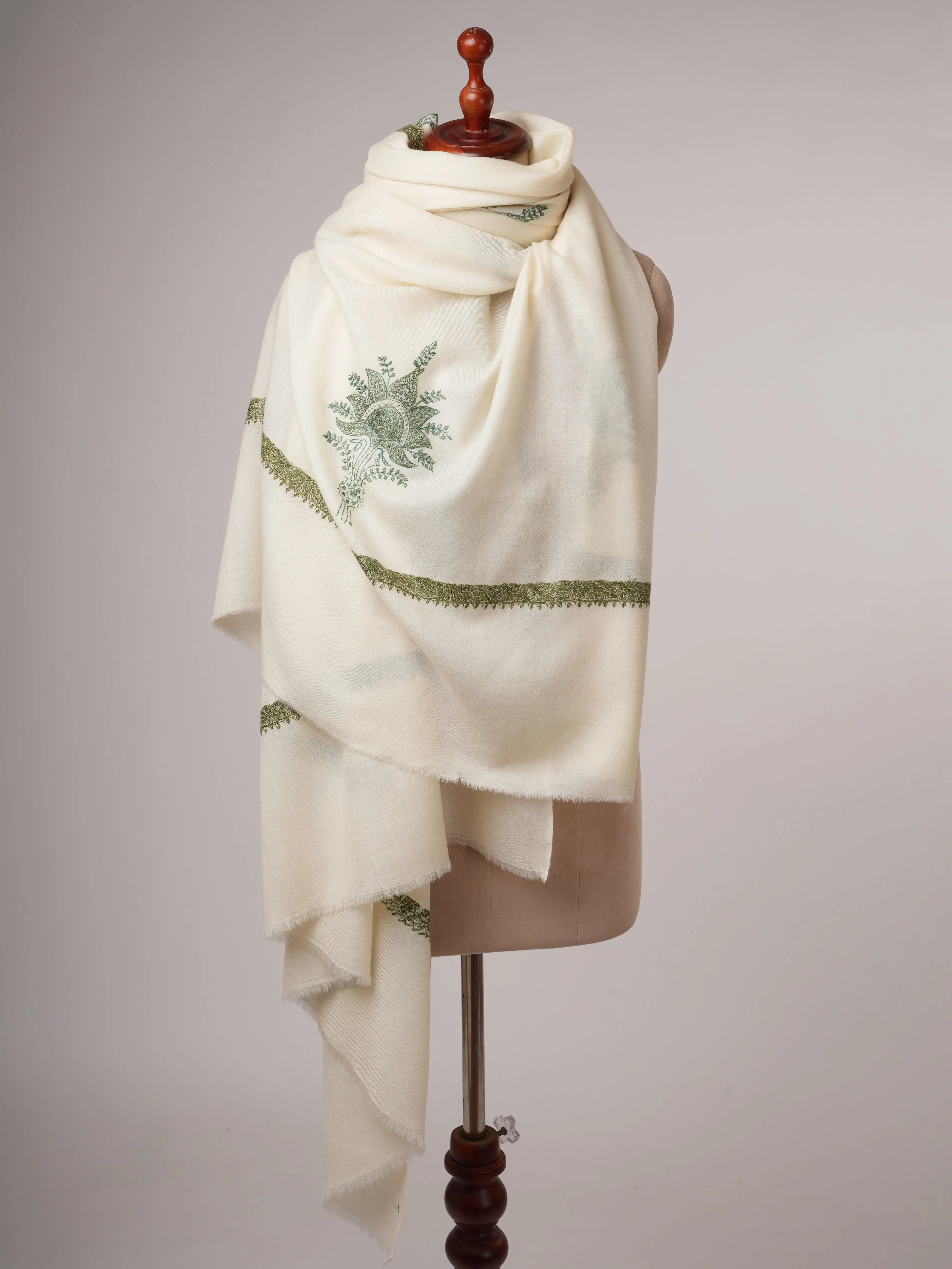 XL Ivory Fine Wool Shawl with Hand Embroidery Shahkaar