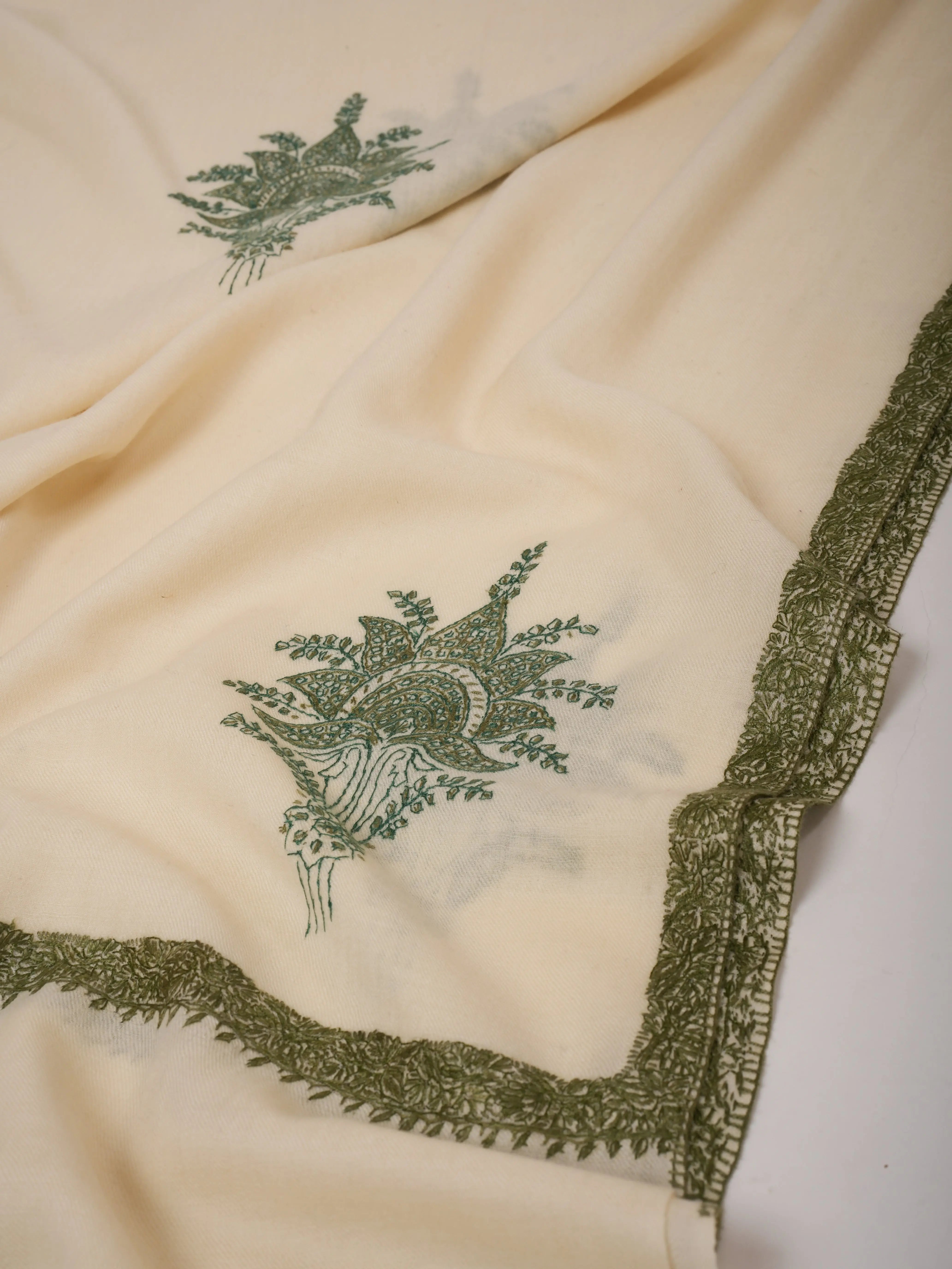 XL Ivory Fine Wool Shawl with Hand Embroidery Shahkaar
