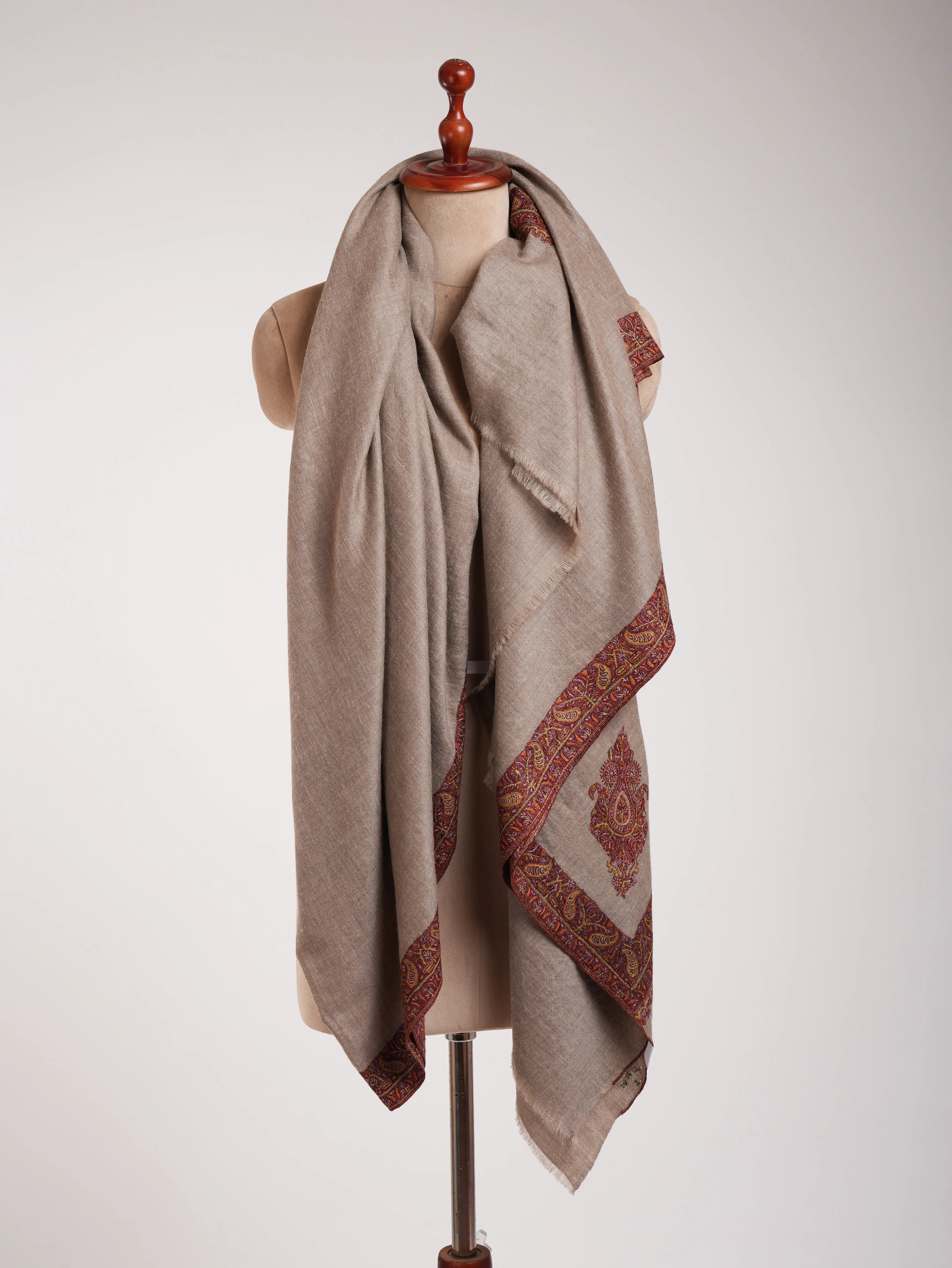 XL Natural Grey Rustic Pure Pashmina Embroidered Shawl Shahkaar