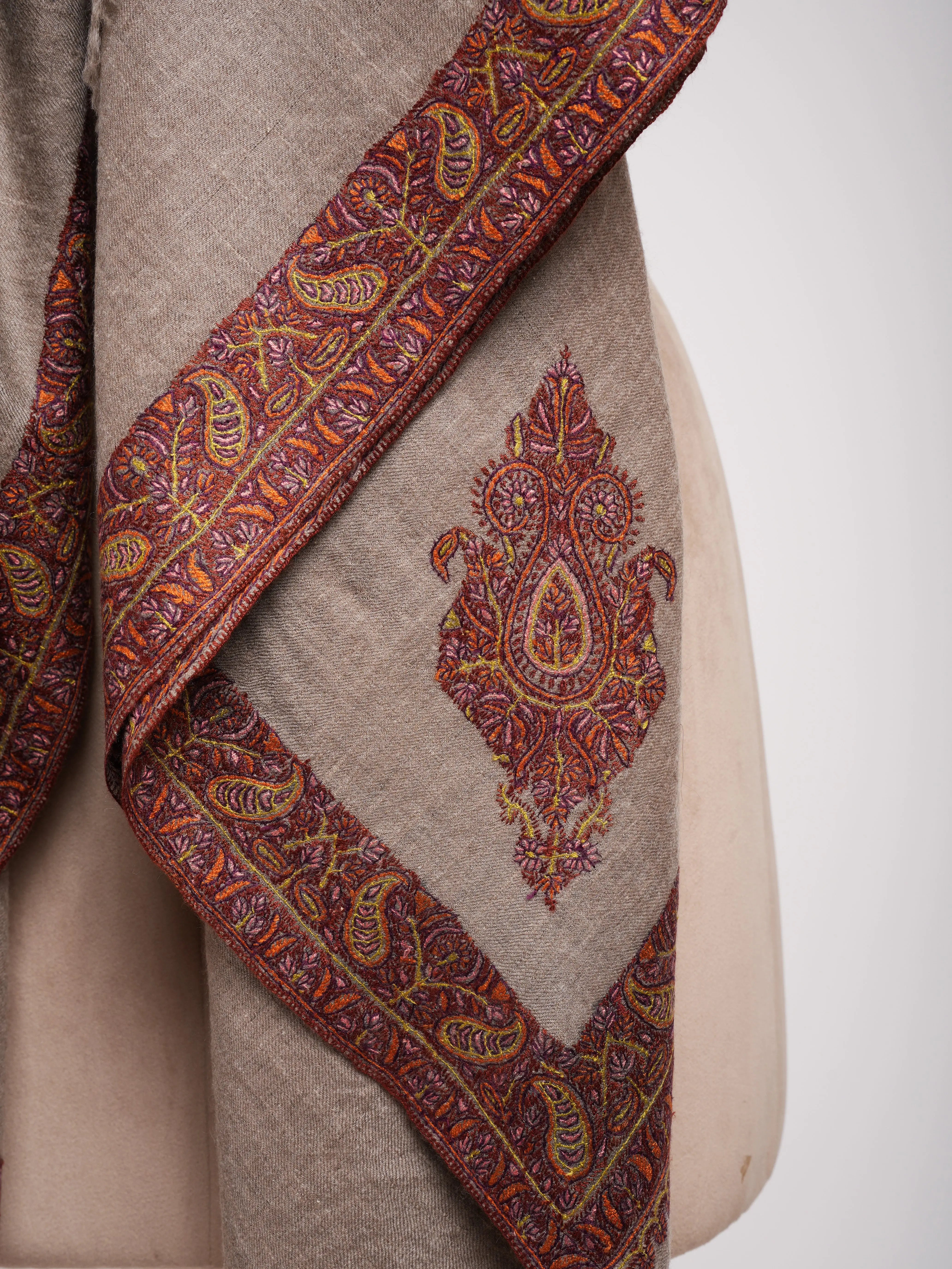 XL Natural Grey Rustic Pure Pashmina Embroidered Shawl Shahkaar