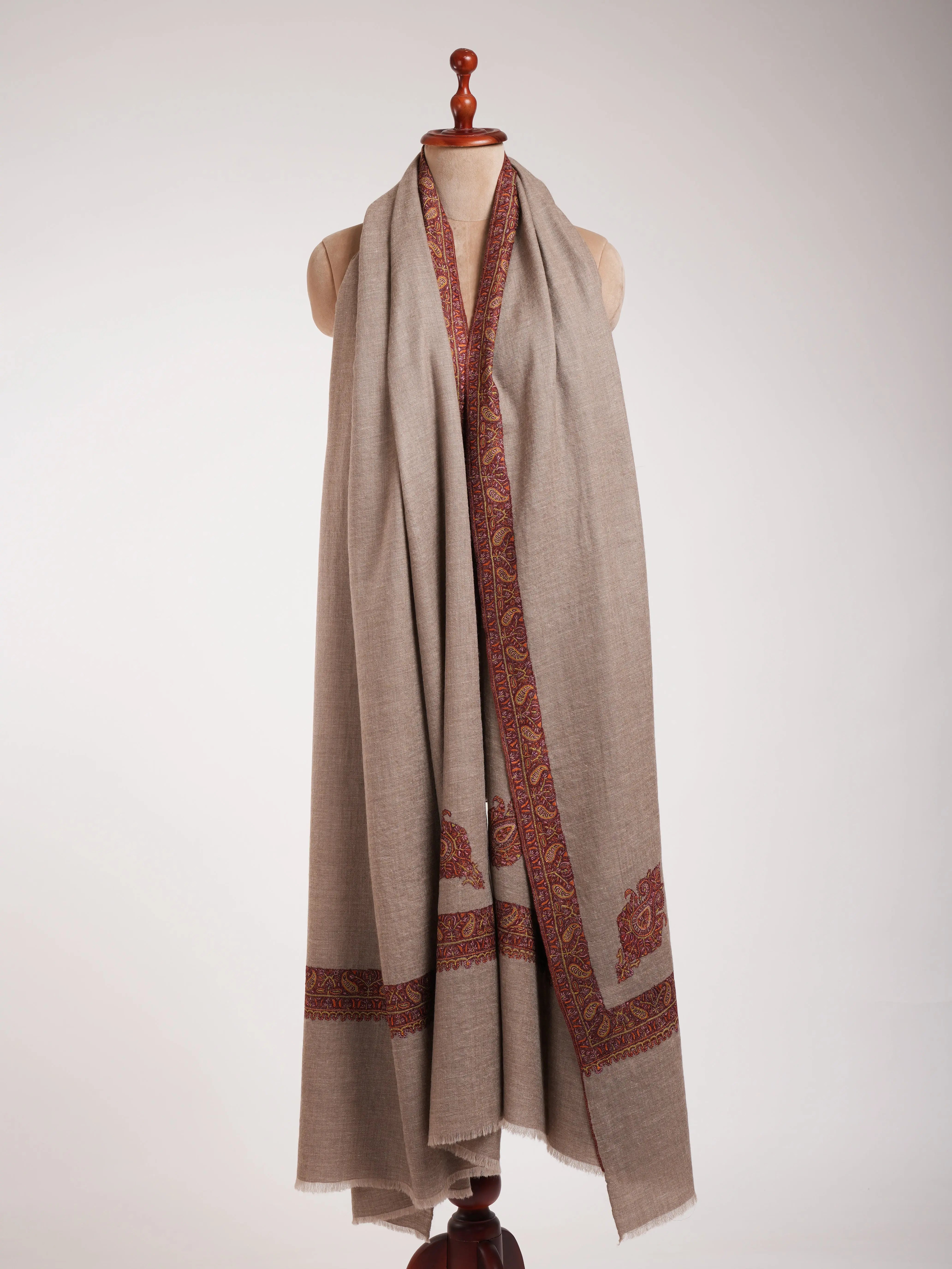 XL Natural Grey Rustic Pure Pashmina Embroidered Shawl Shahkaar