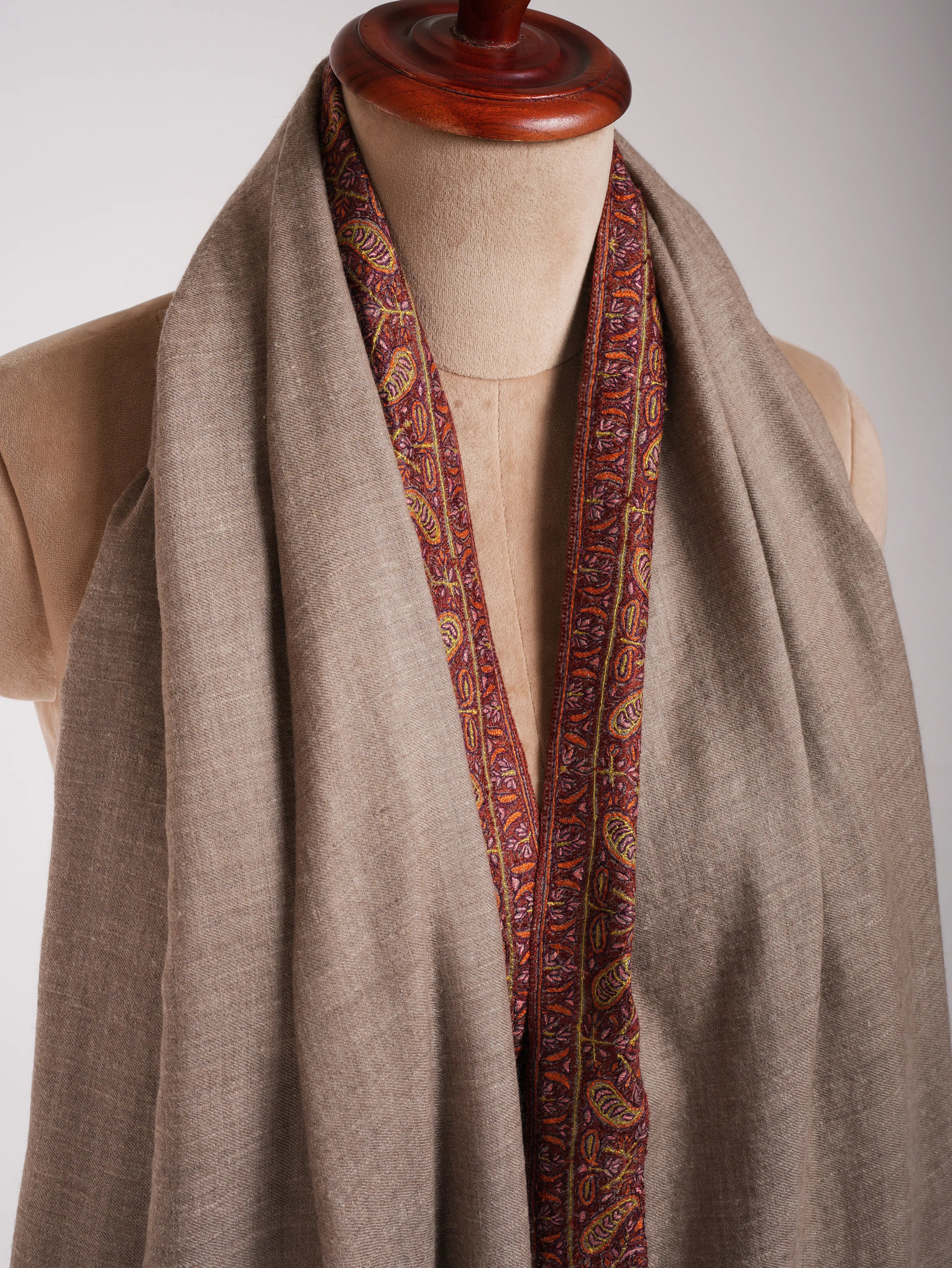 XL Natural Grey Rustic Pure Pashmina Embroidered Shawl Shahkaar