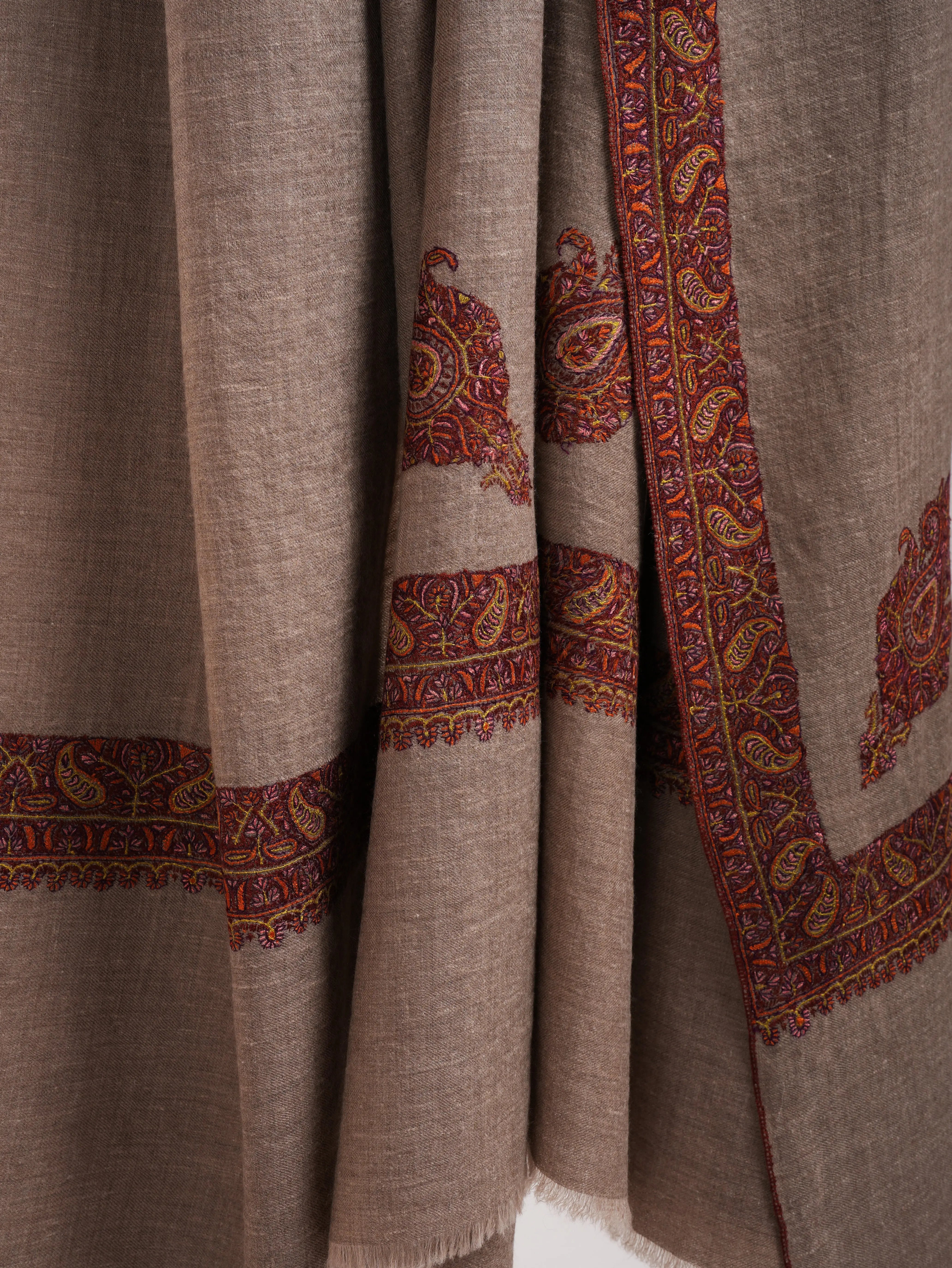 XL Natural Grey Rustic Pure Pashmina Embroidered Shawl Shahkaar