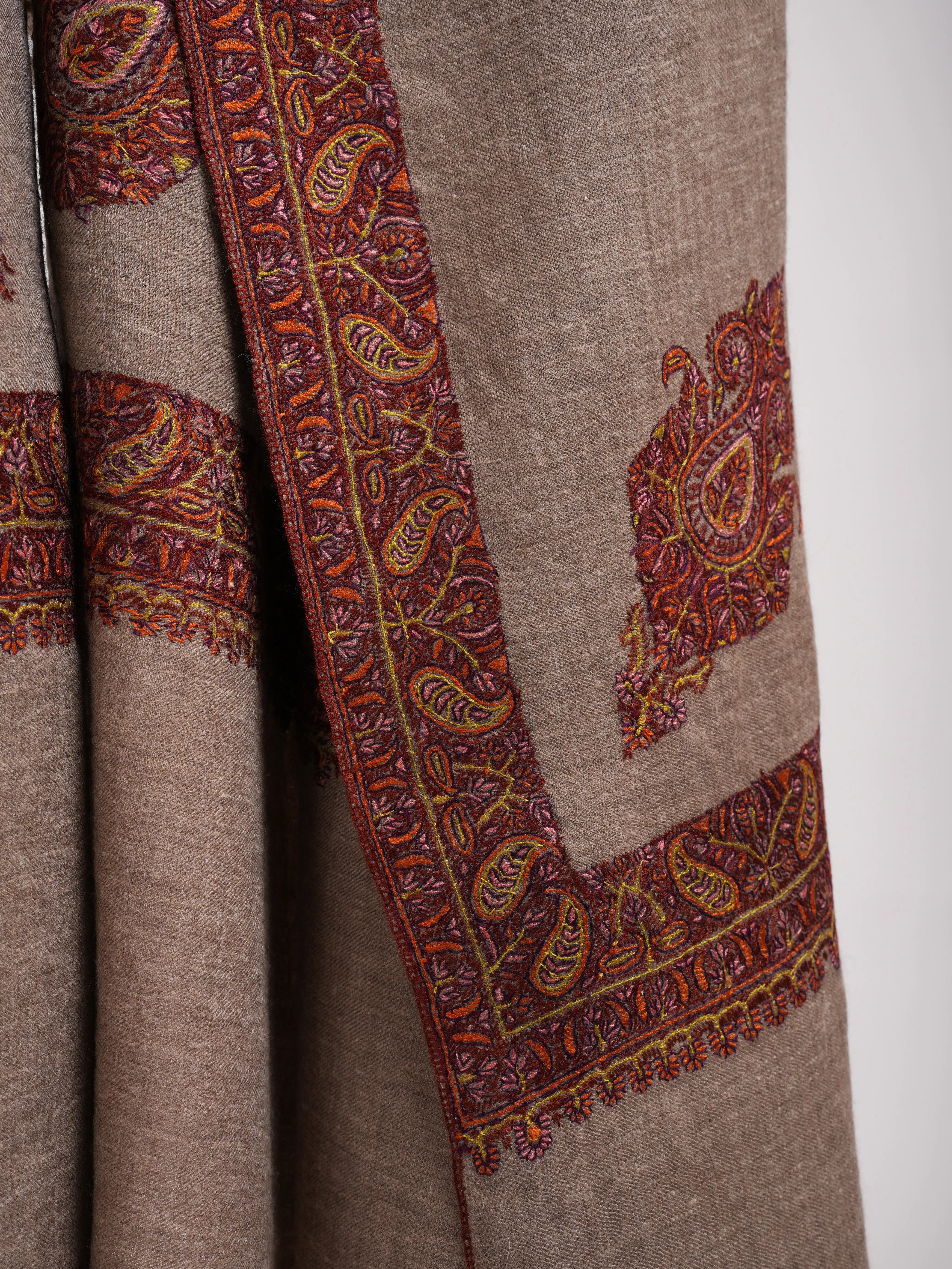 XL Natural Grey Rustic Pure Pashmina Embroidered Shawl Shahkaar