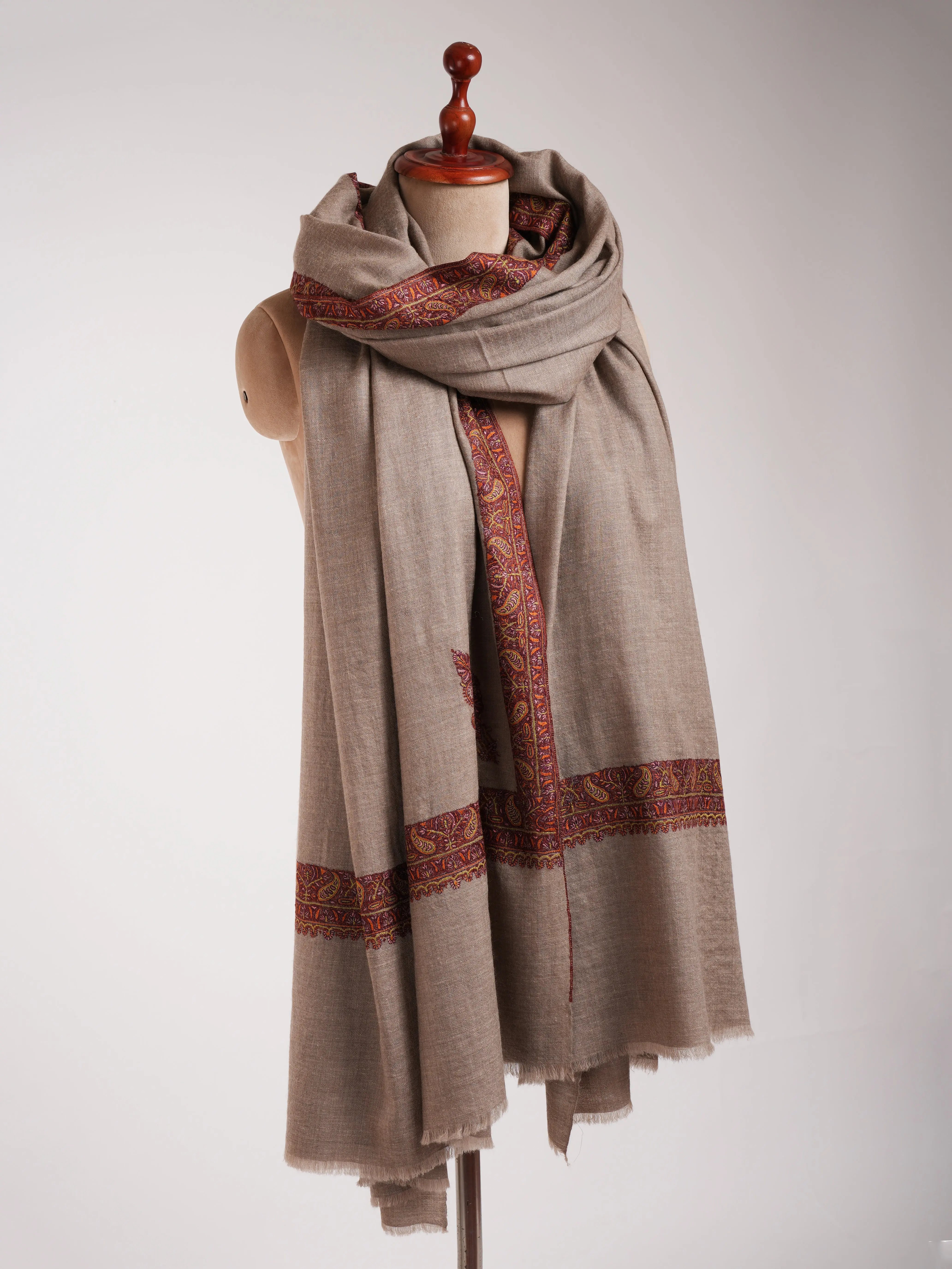 XL Natural Grey Rustic Pure Pashmina Embroidered Shawl Shahkaar