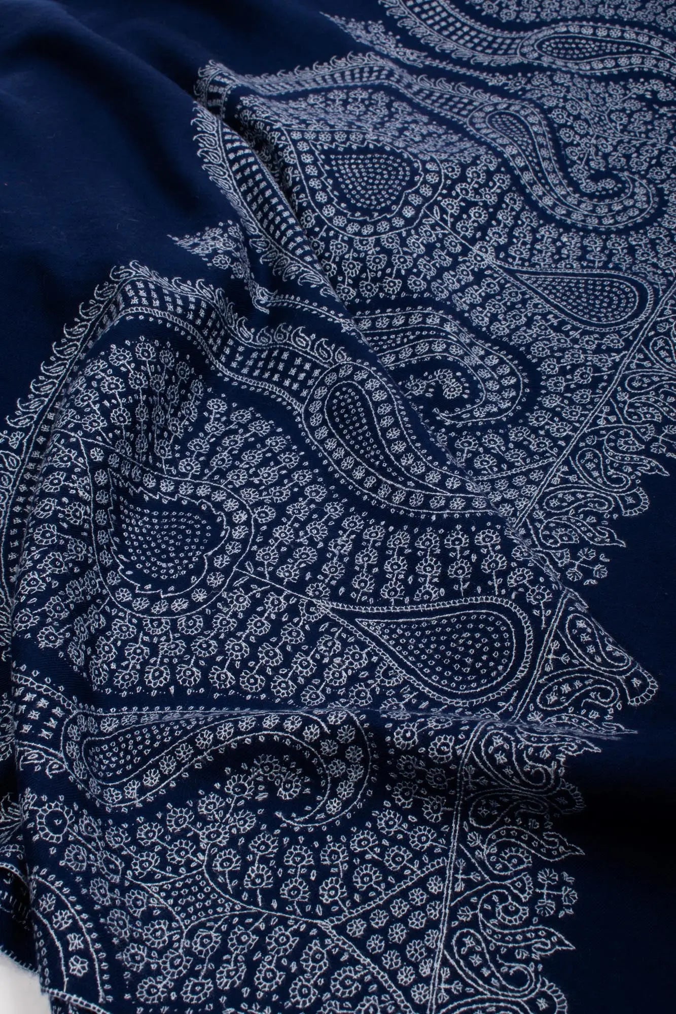 XL Prussian Blue Pashmina Wrap with Palla Embroidery - SAIDPUR Shahkaar