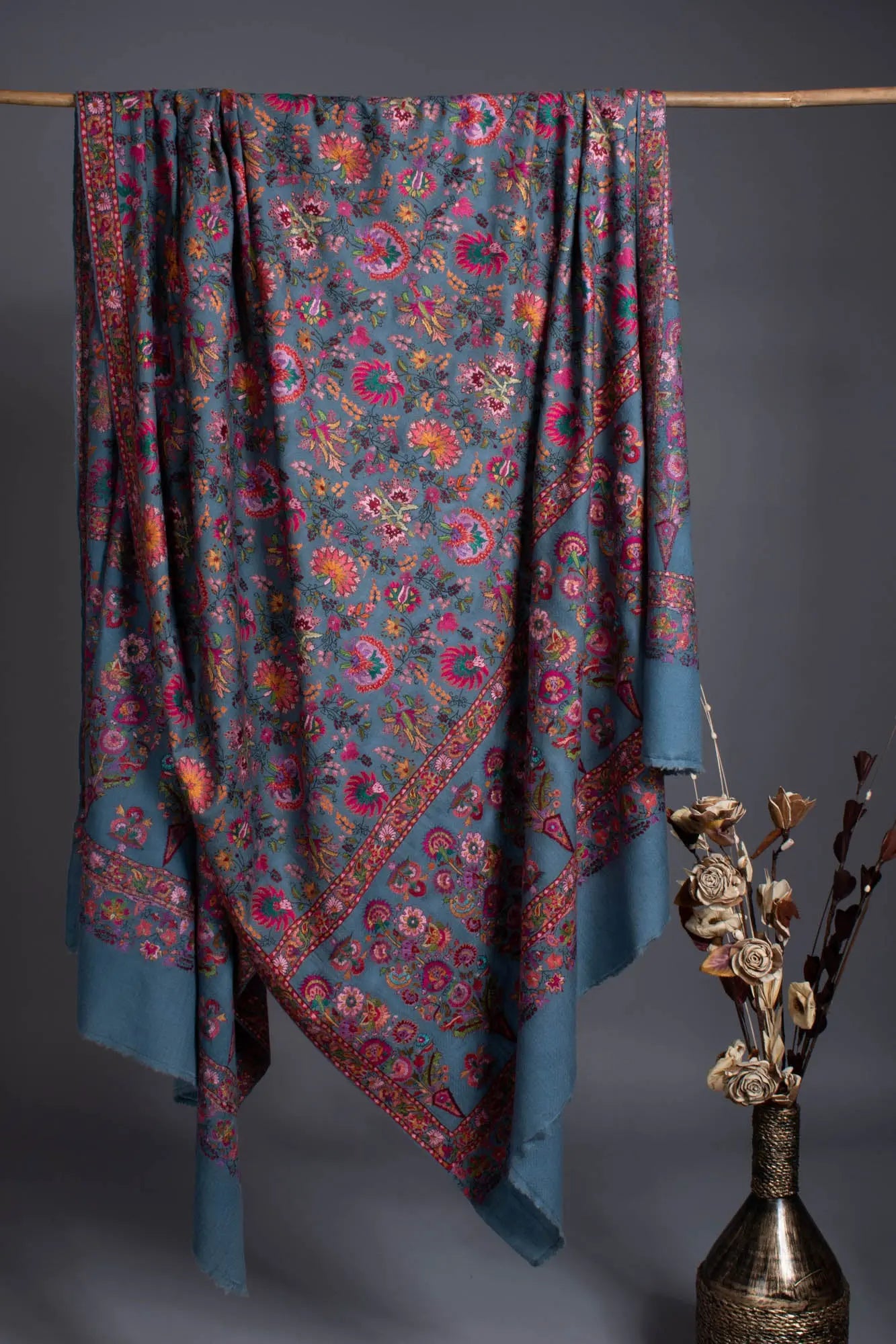 XL Slate Blue Handmade Exclusive Pashmina - DAFFODIL Shahkaar
