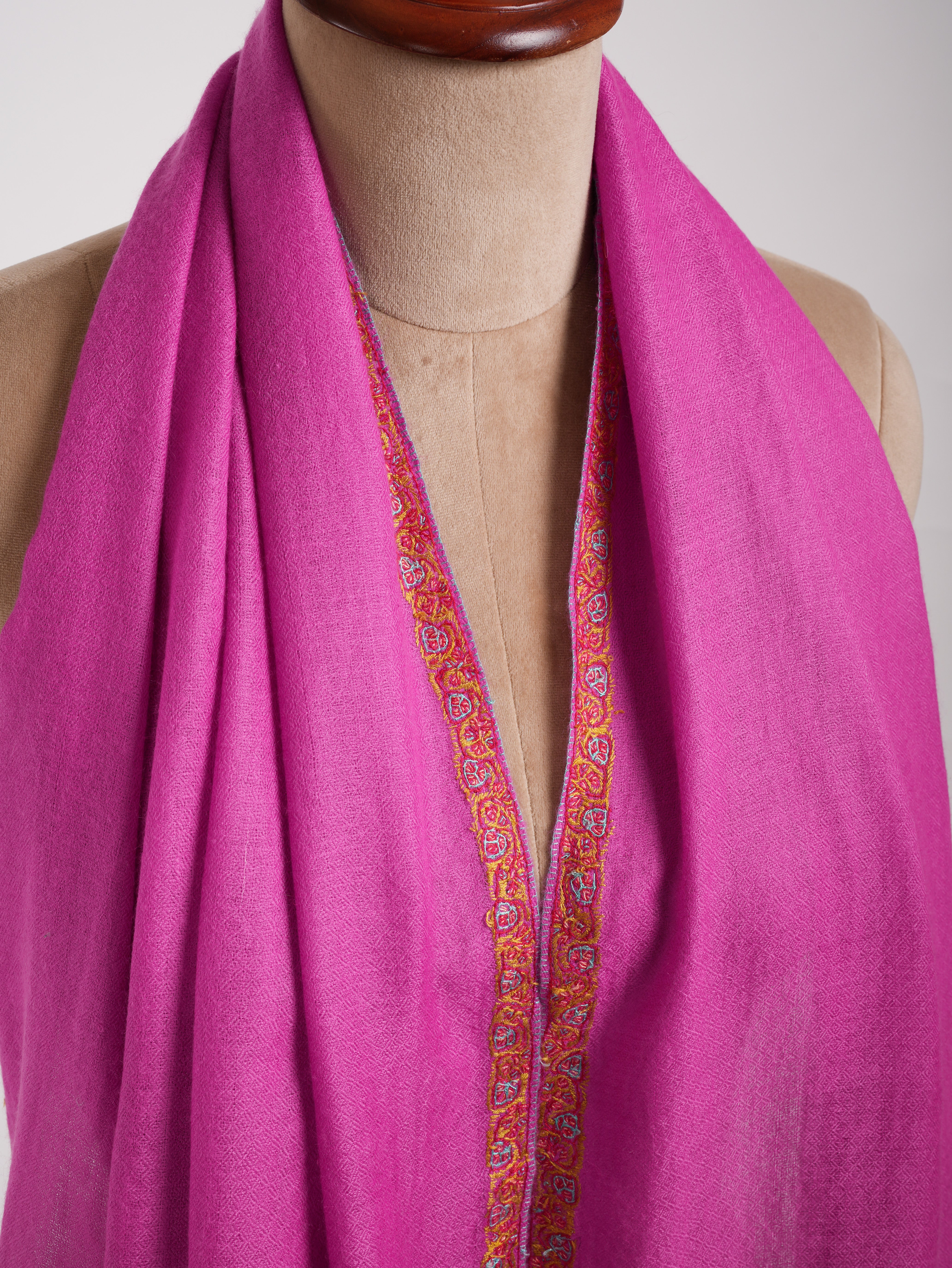 Hashia Embroidered Magenta Pink Indian Cashmere Scarf