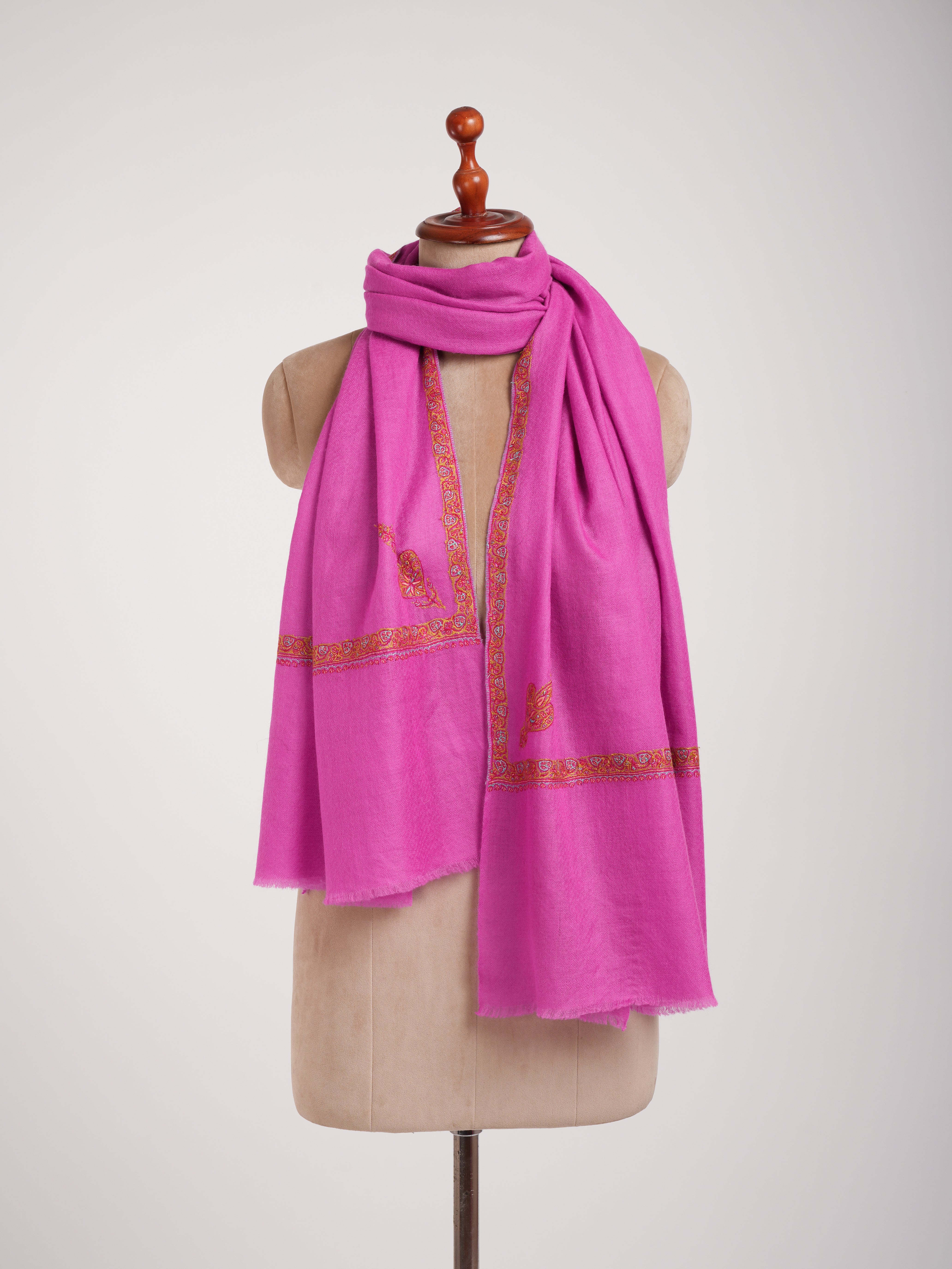 Hashia Embroidered Magenta Pink Indian Cashmere Scarf
