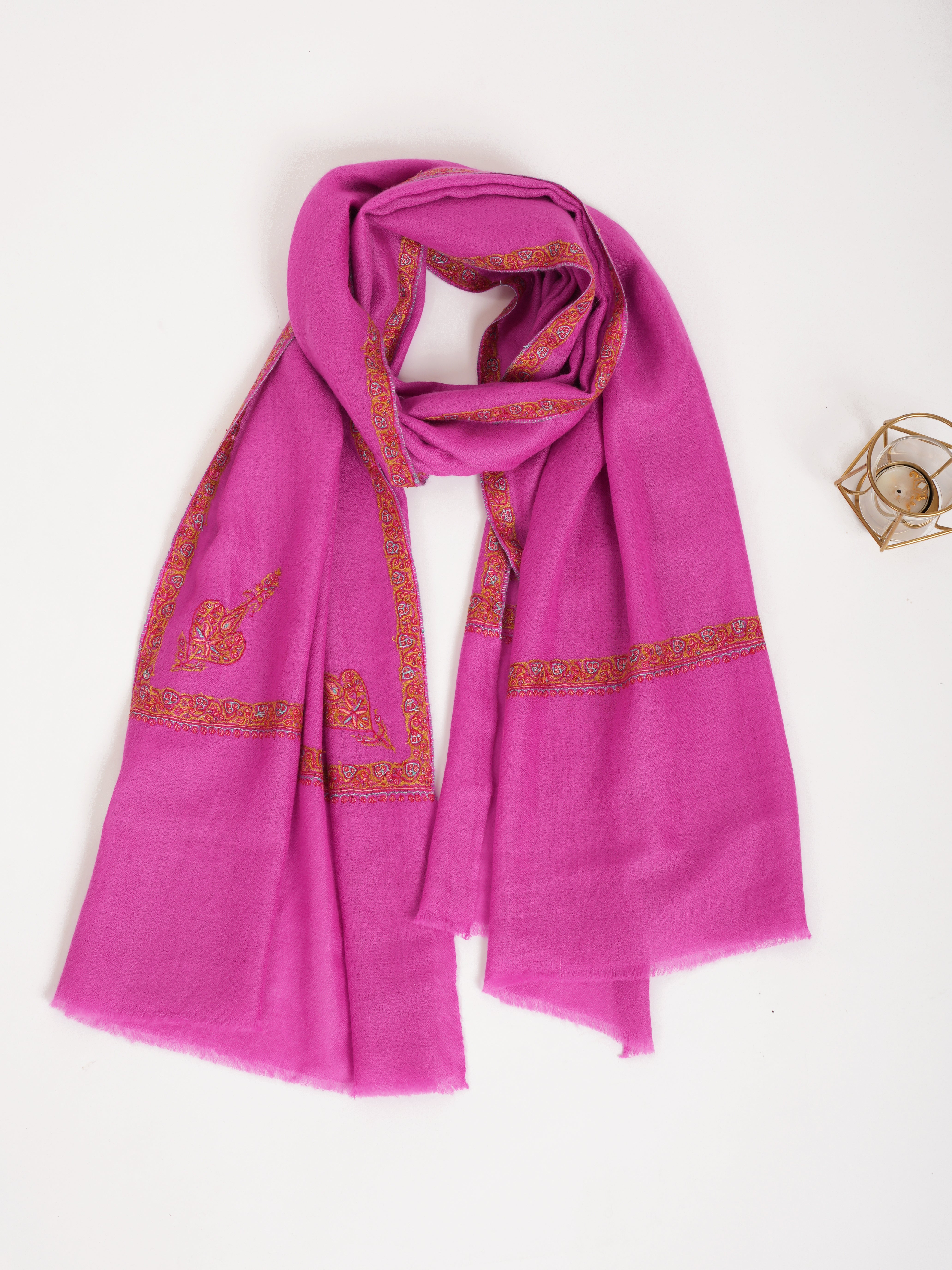 Hashia Embroidered Magenta Pink Indian Cashmere Scarf