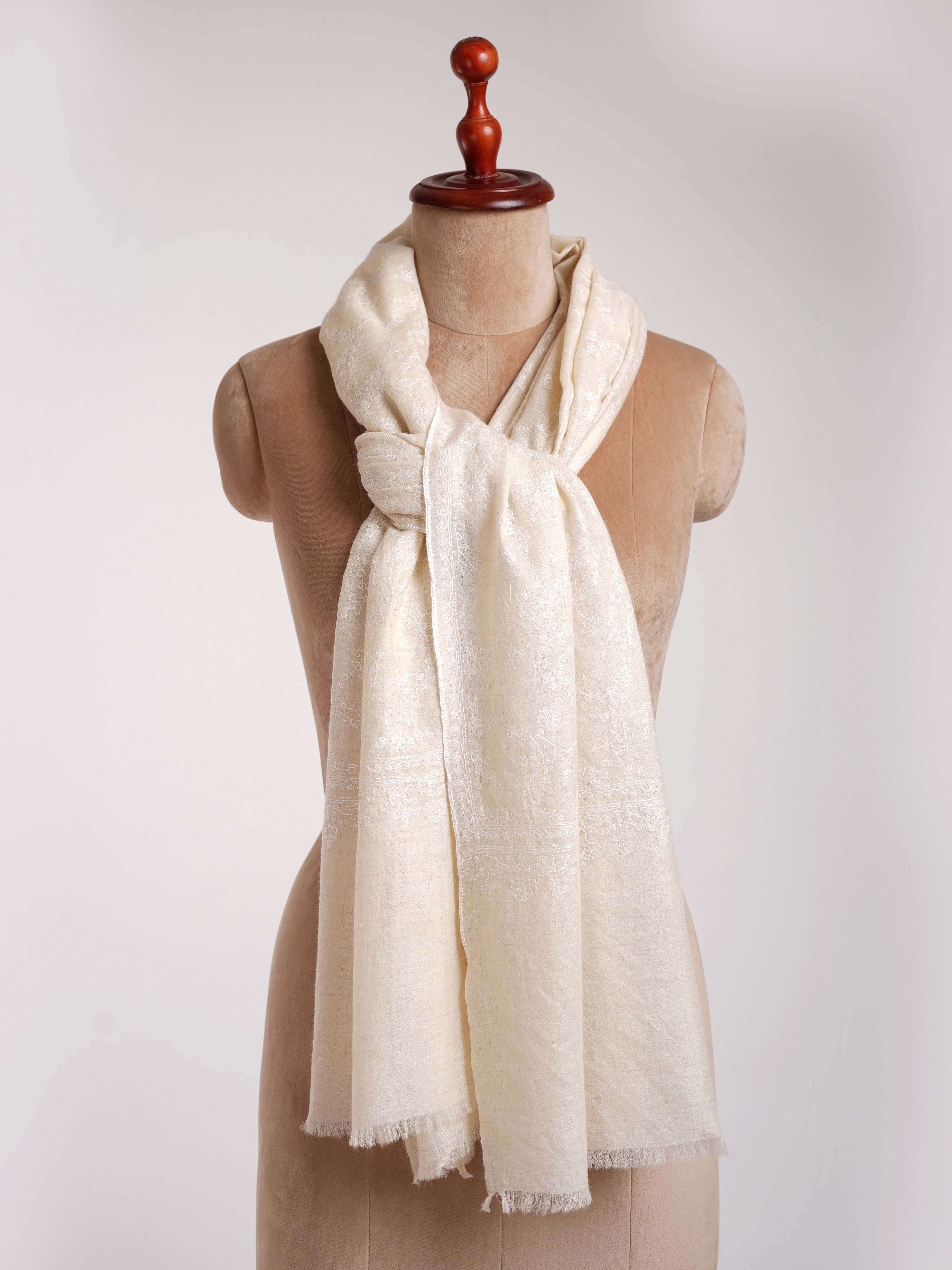 Ivory Cashmere Embroidered Scarf with White Embroidery. Shahkaar